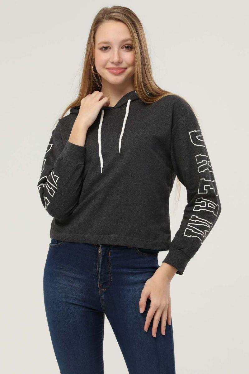Sweatshirt Kadın Koları Baskılı Kapüşonlu Sweatshirt Antrasit
