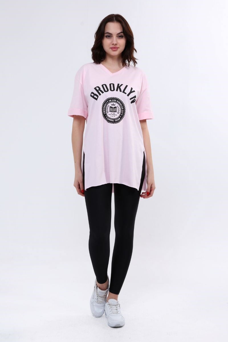 Tshirt Kadın Önü Baskılı Yırtmaçlı T-Shirt Pembe