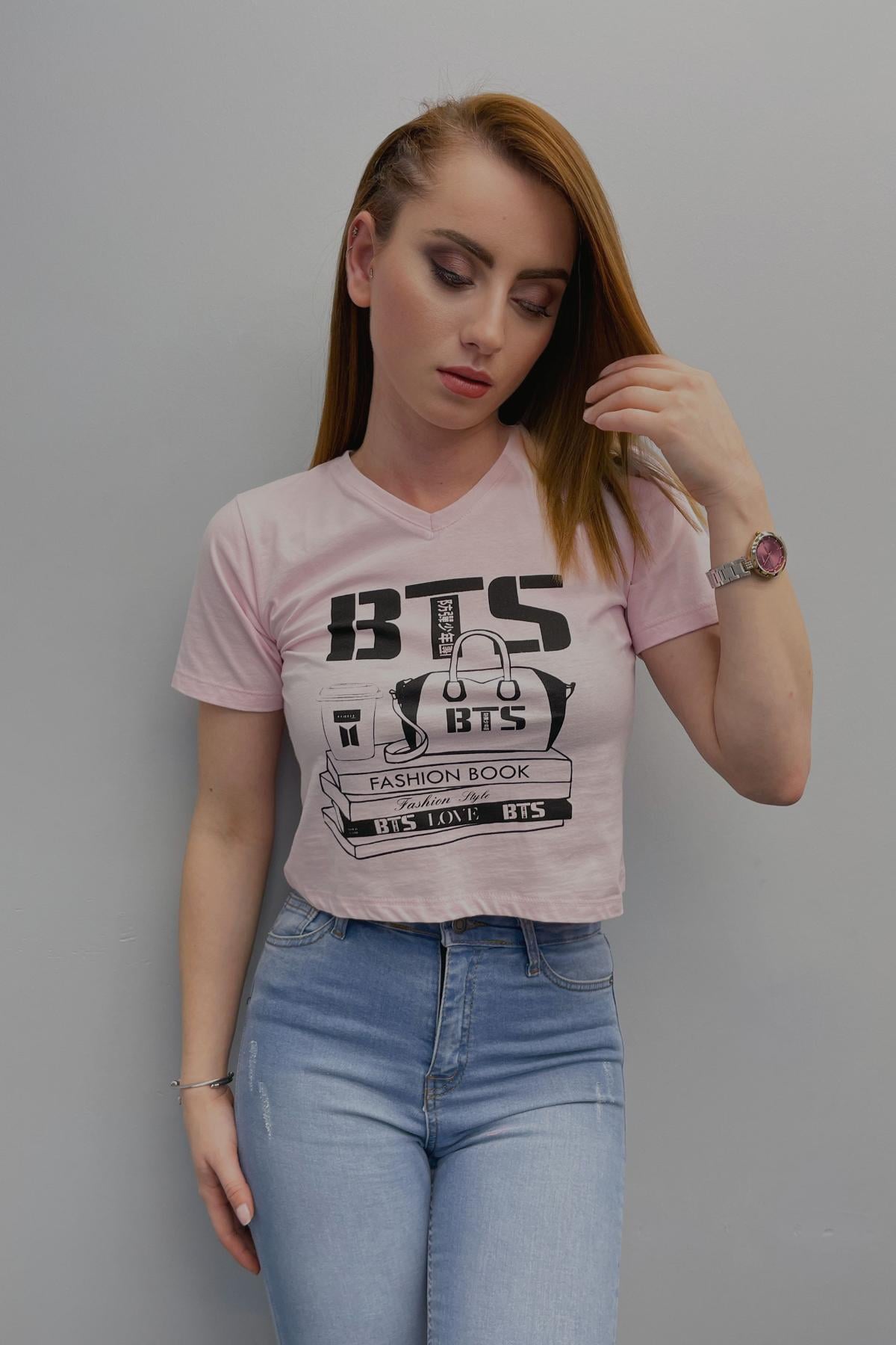 Tshirt Kadın V Yaka Önü Baskılı Crop T-Shirt Pudra