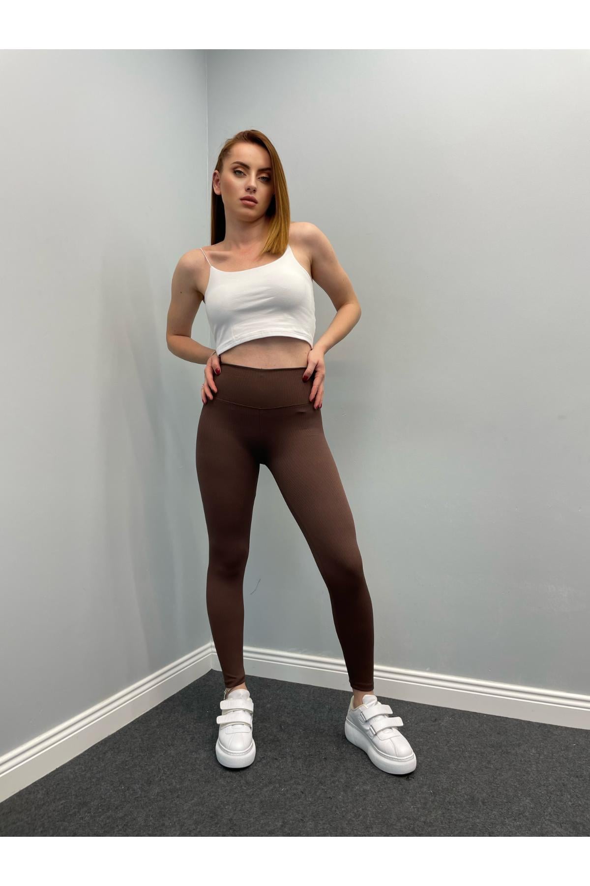 Tayt Kadın Yüksek Bel Fitilli Toparlayıcı Tayt Kahverengi