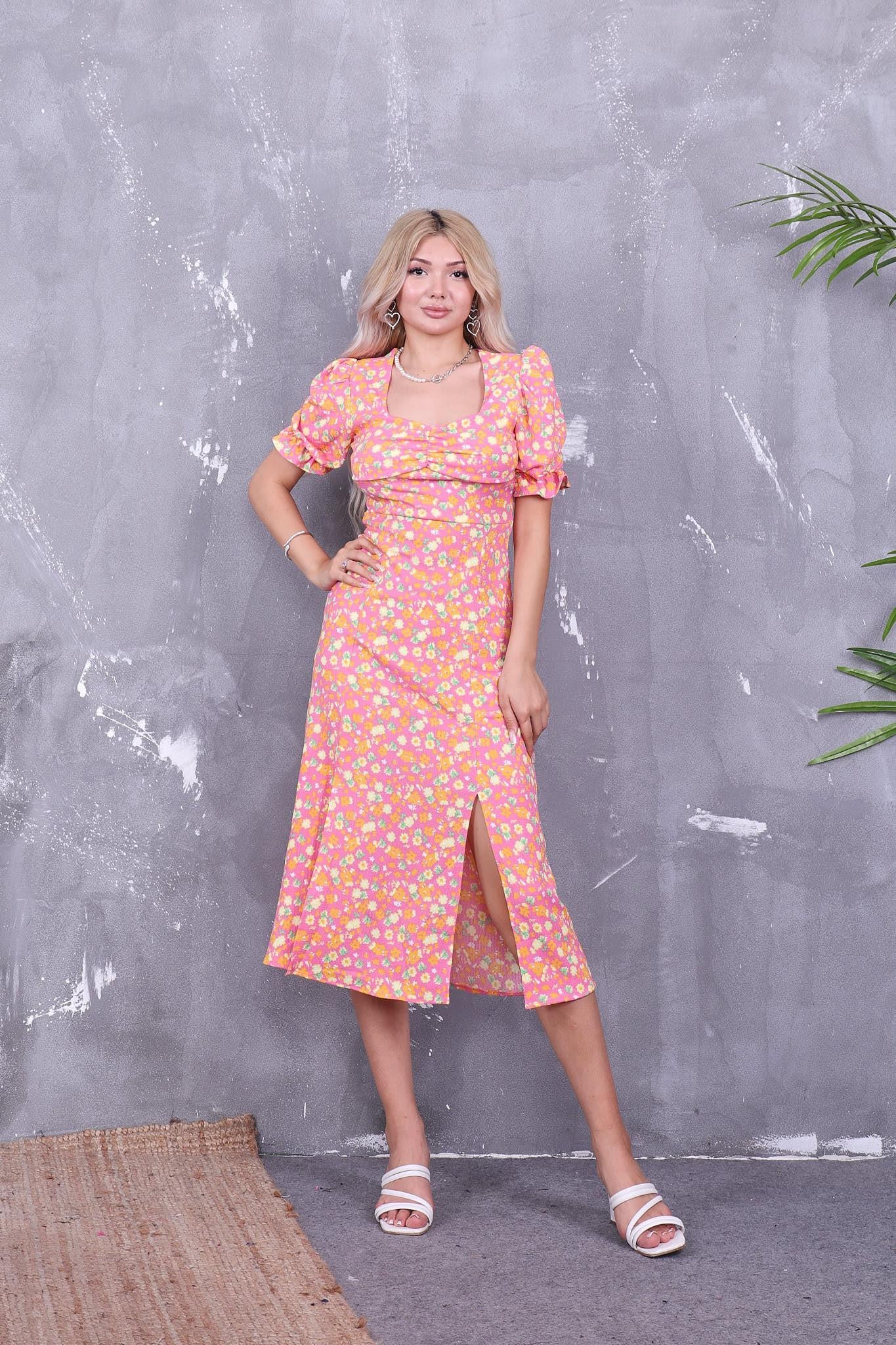 Elbise Kare Yaka Yırtmaçlı Elbise