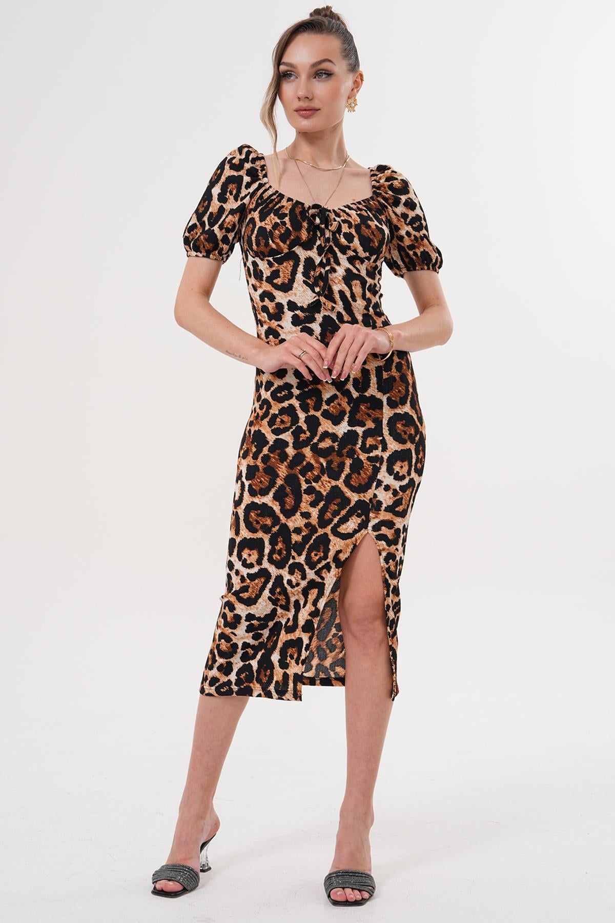 Elbise Karpuz Kol Leopar Elbise