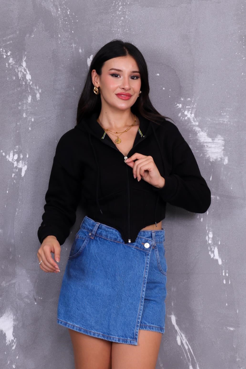 Hırka Korseli Şardonlu Kapüşonlu Sweatshirt