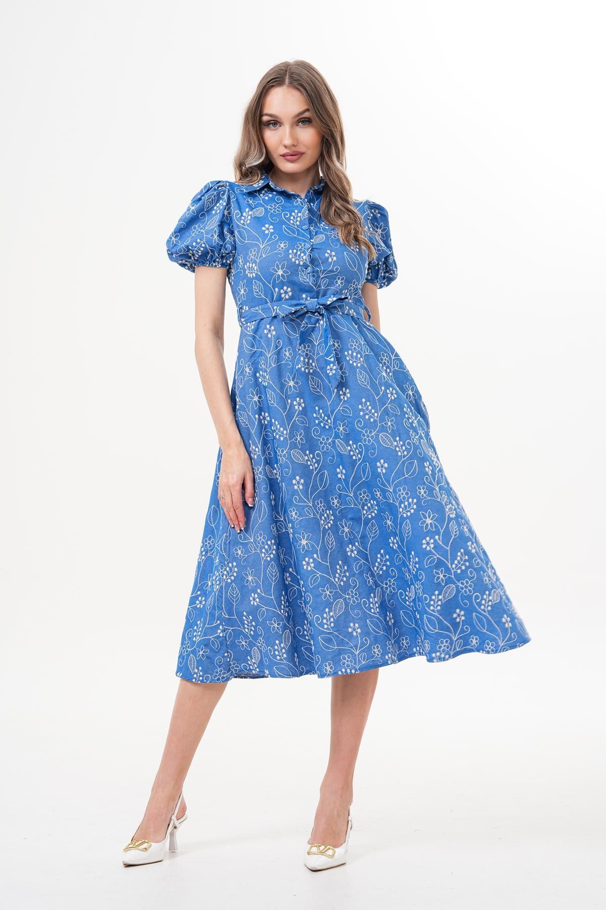 Elbise Nakışlı Gömlek Yaka Elbise