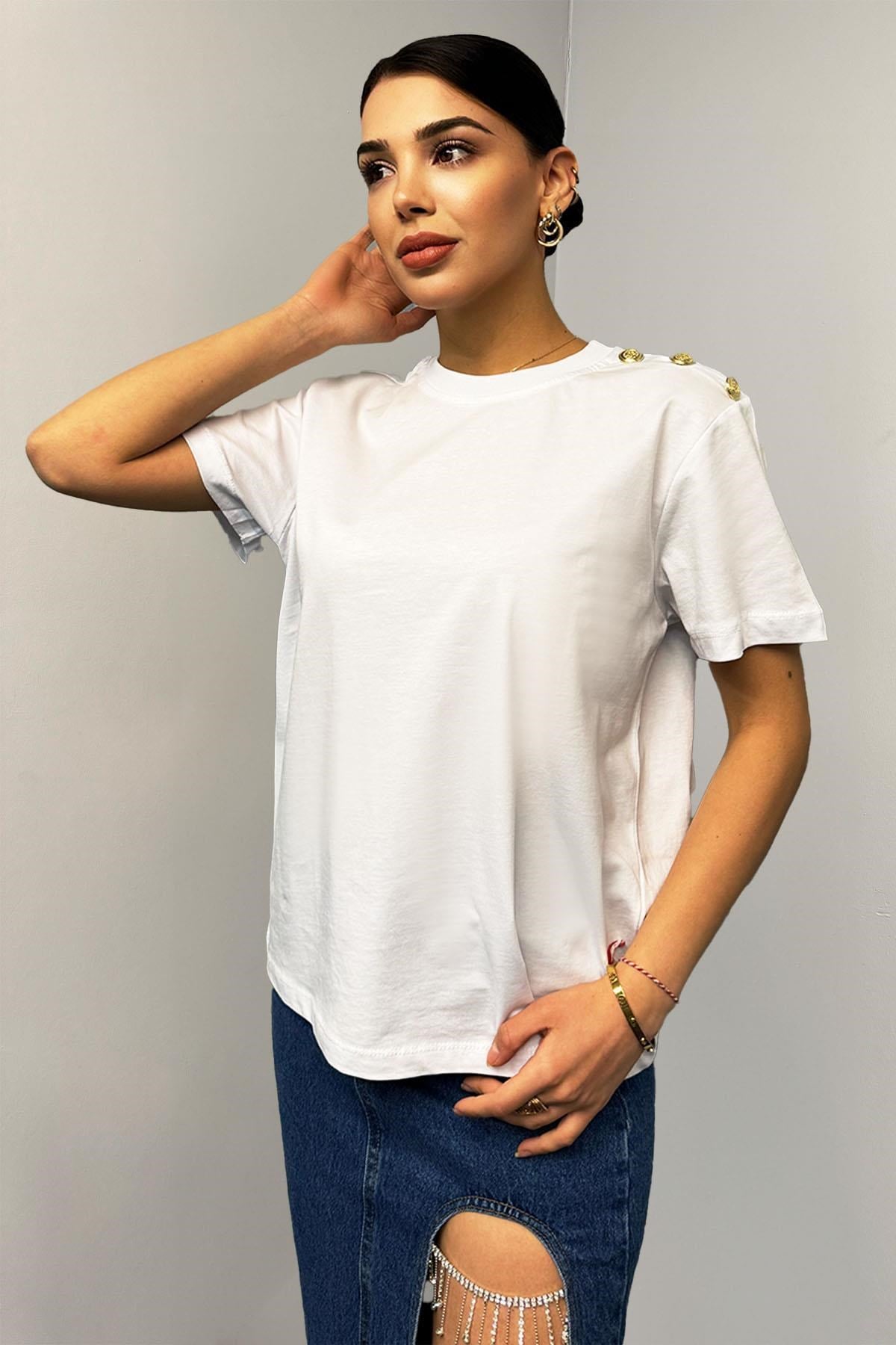 Tshirt Omuzu Düğme Detaylı Pamuklu Basıc T-shirt