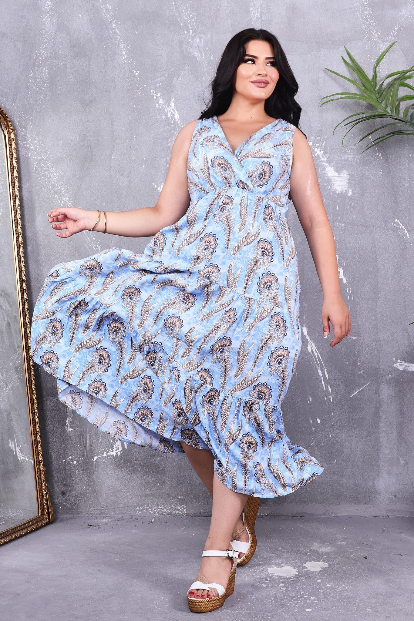 Elbise Şal Desen Kruvaze Yaka Beli Lastikli Elbise