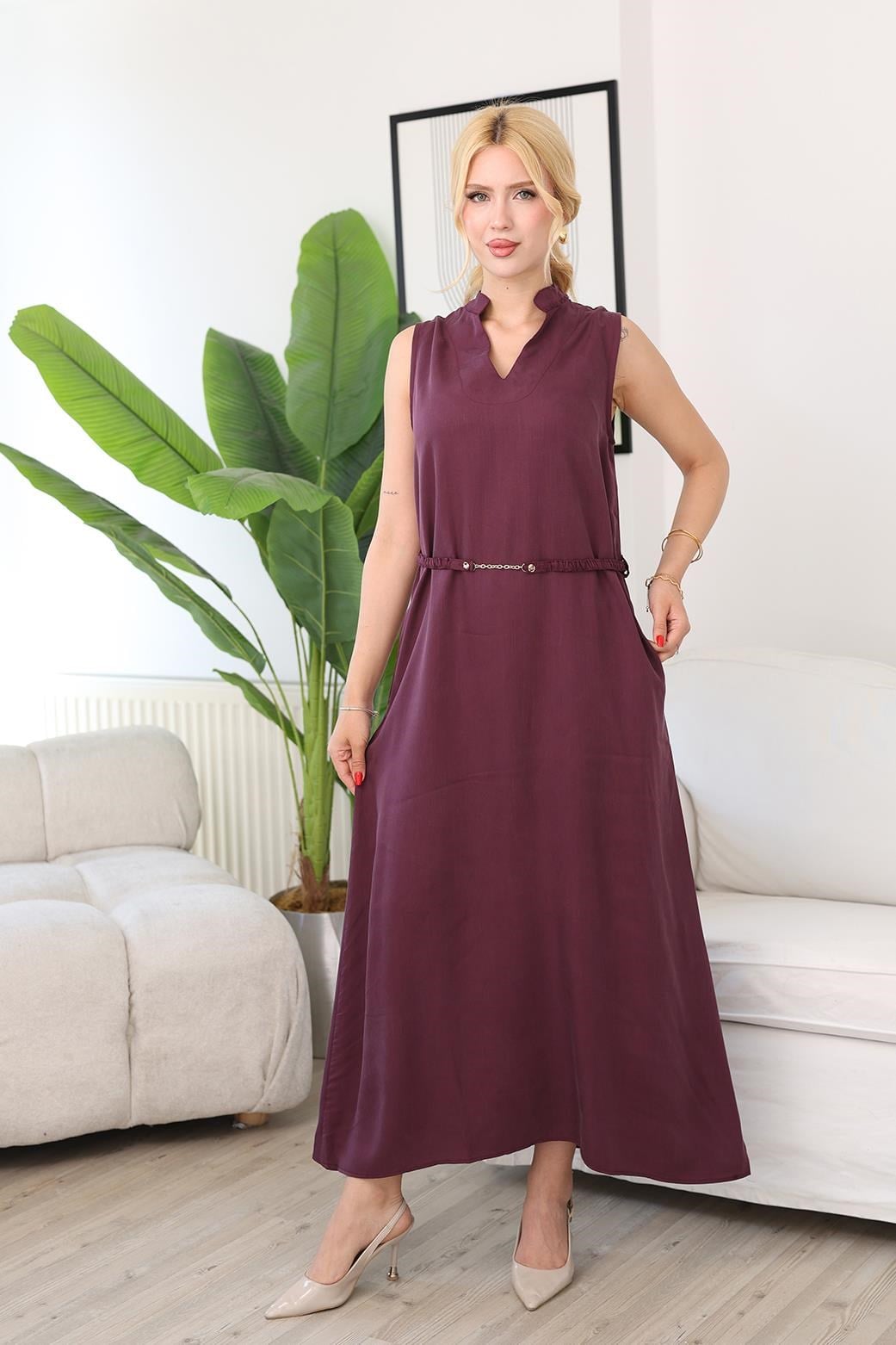 Elbise Tencel Kumaş Kemer Aksesuarlı Elbise