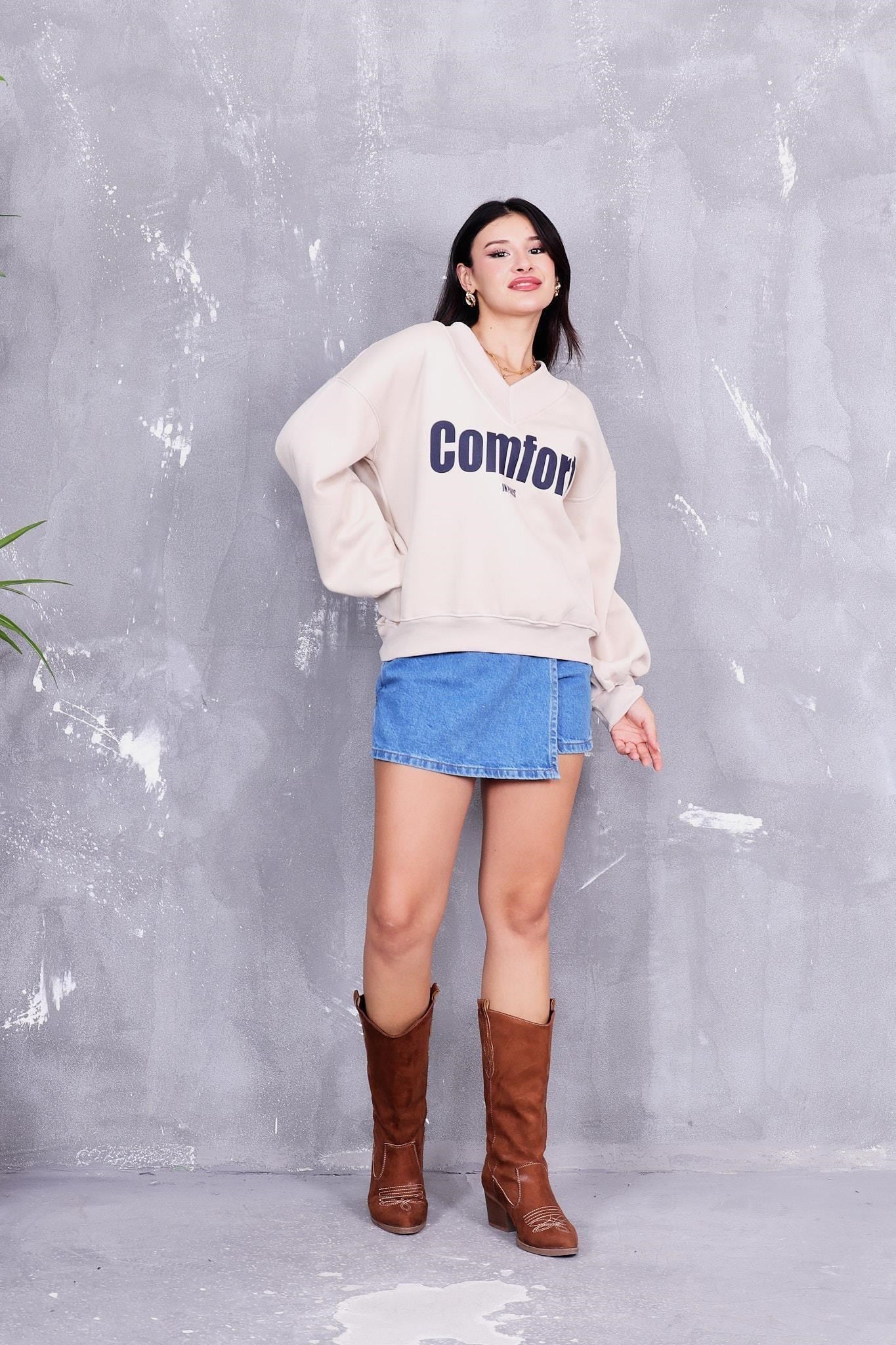 Sweatshirt V Yaka İçi Şardonlu Sweatshirt