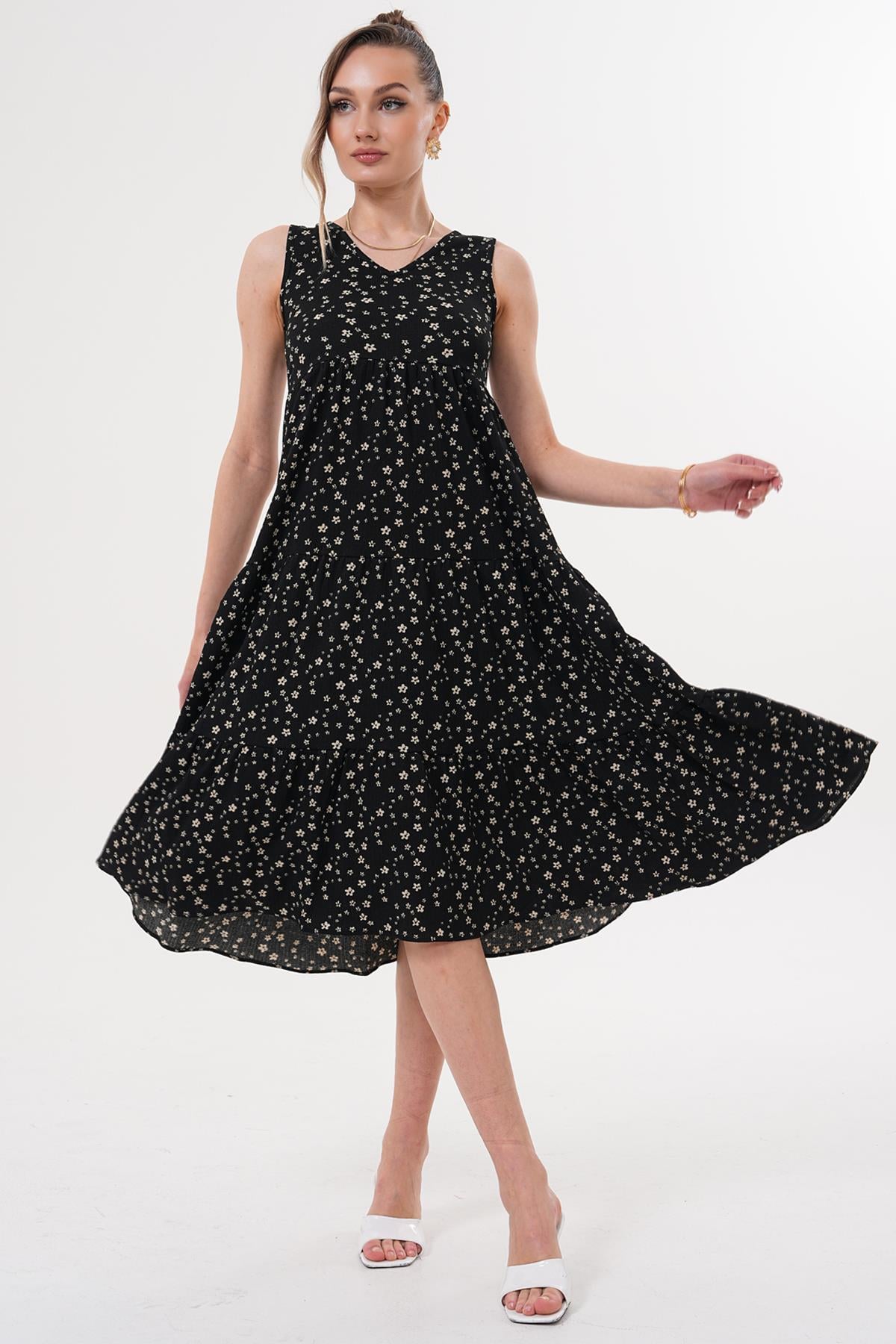 Elbise V Yaka Katkat Çiçekli Elbise