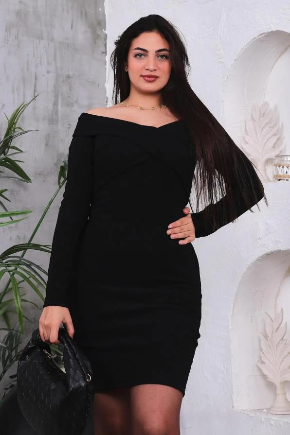 Elbise Yakası Çapraz Detaylı Likralı Elbise