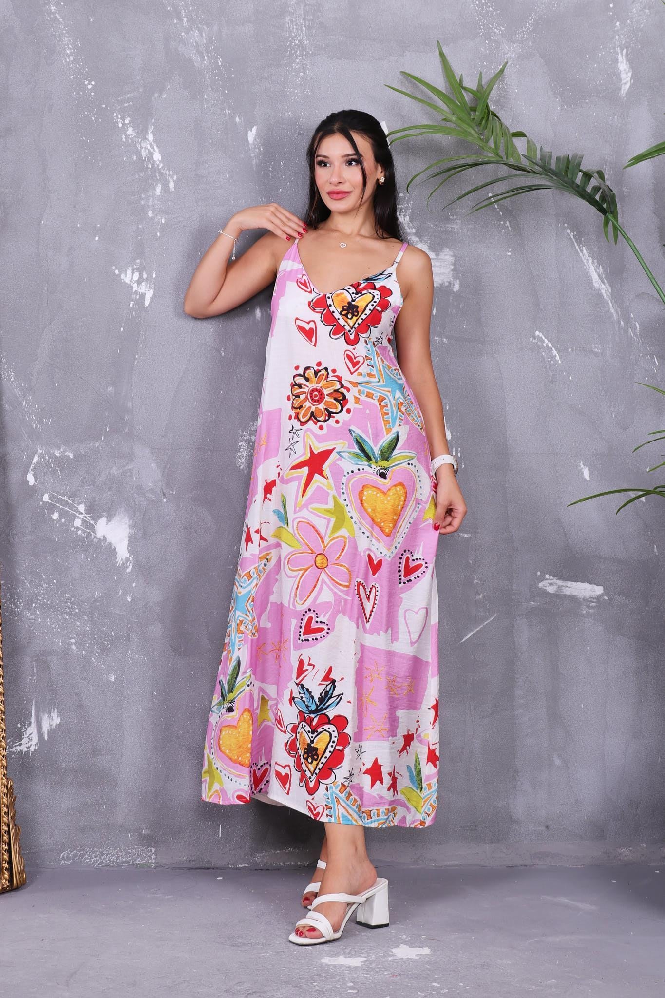 Elbise Askılı Desenli Elbise