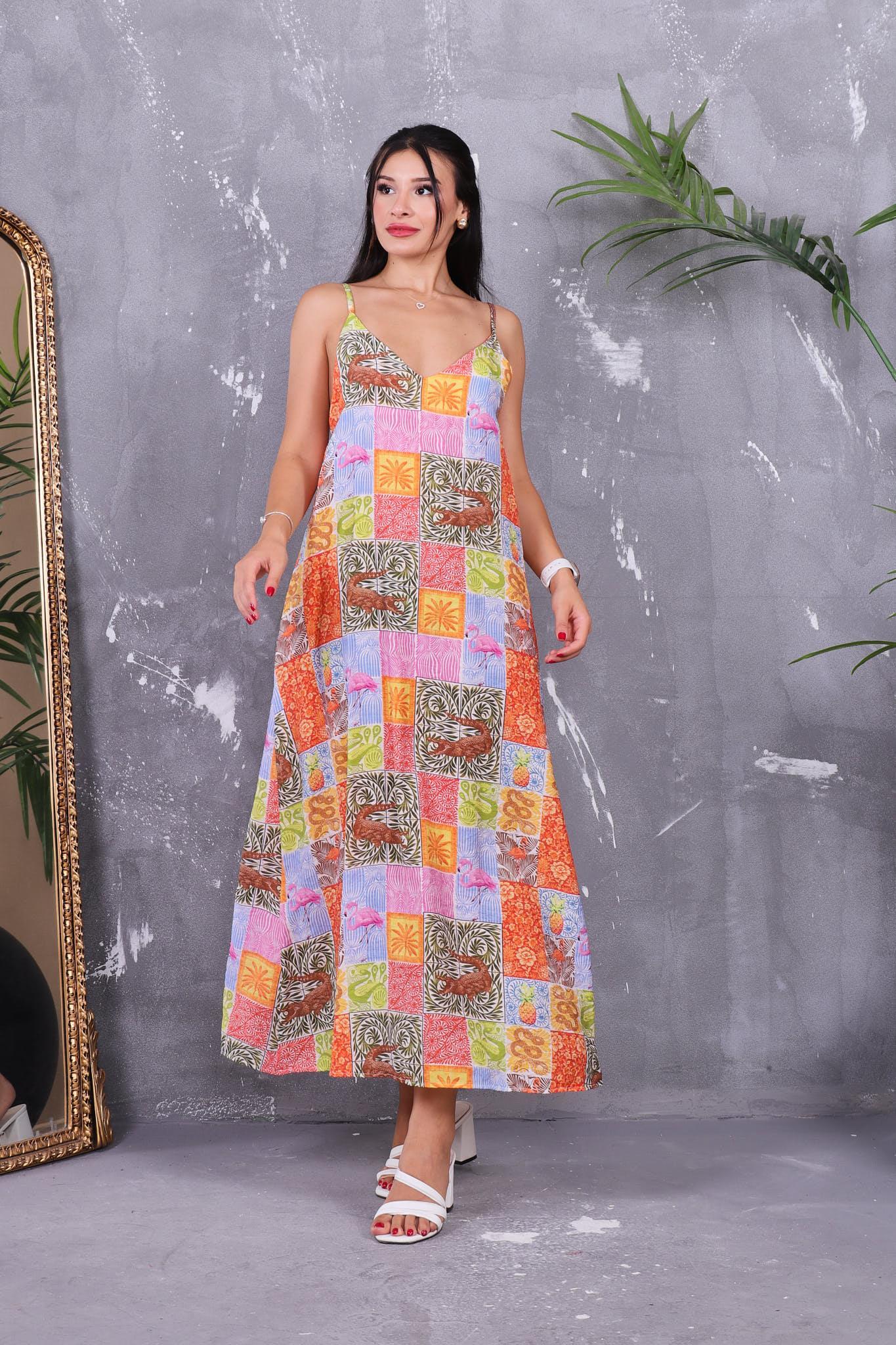 Elbise Askılı Desenli Elbise