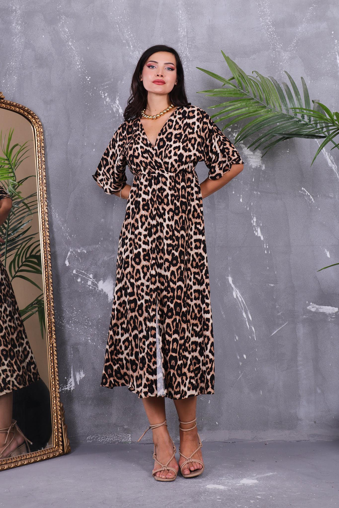 Elbise Beli Lastikli Leopar Elbise