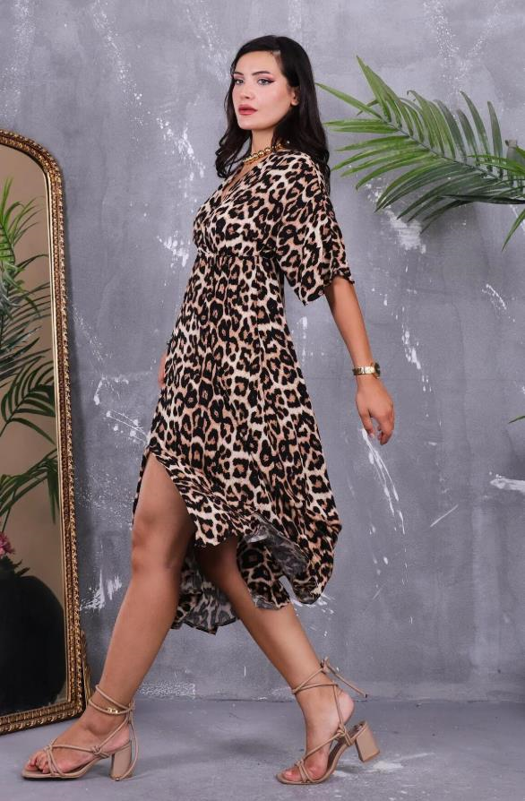 Elbise Beli Lastikli Leopar Elbise