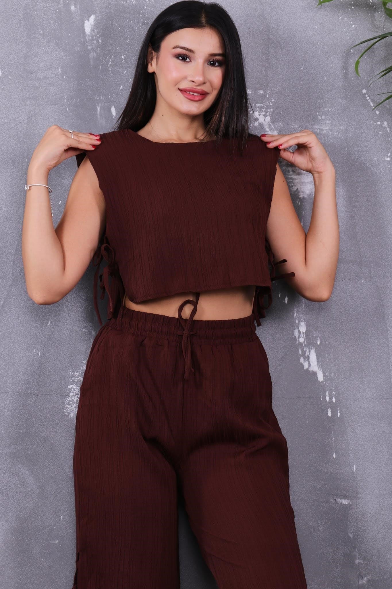 İkili Takım Bluzu Pantolonu Yanları Bağlama Detaylı Takım