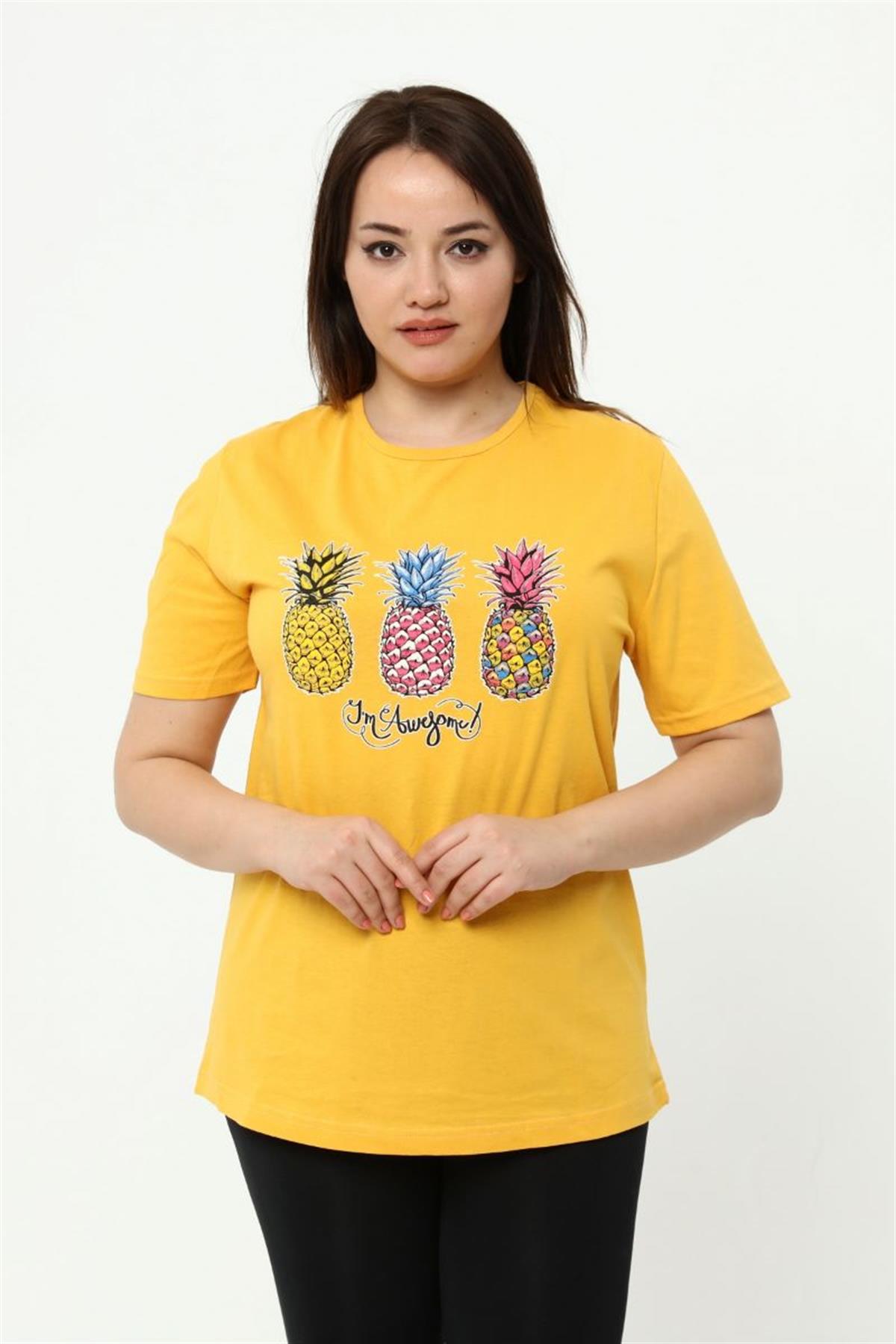 Tshirt Büyük Beden Ananas Baskılı T-Shirt Hardal