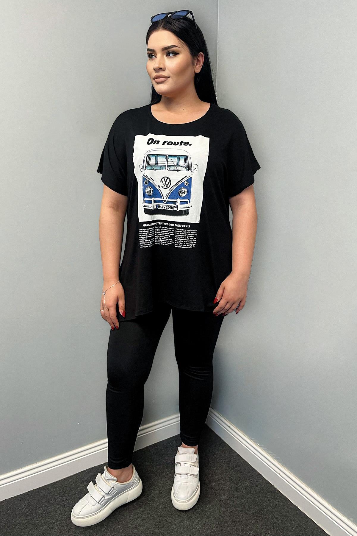 Tshirt Büyük Beden Araba Baskılı Salaş T-Shirt Siyah