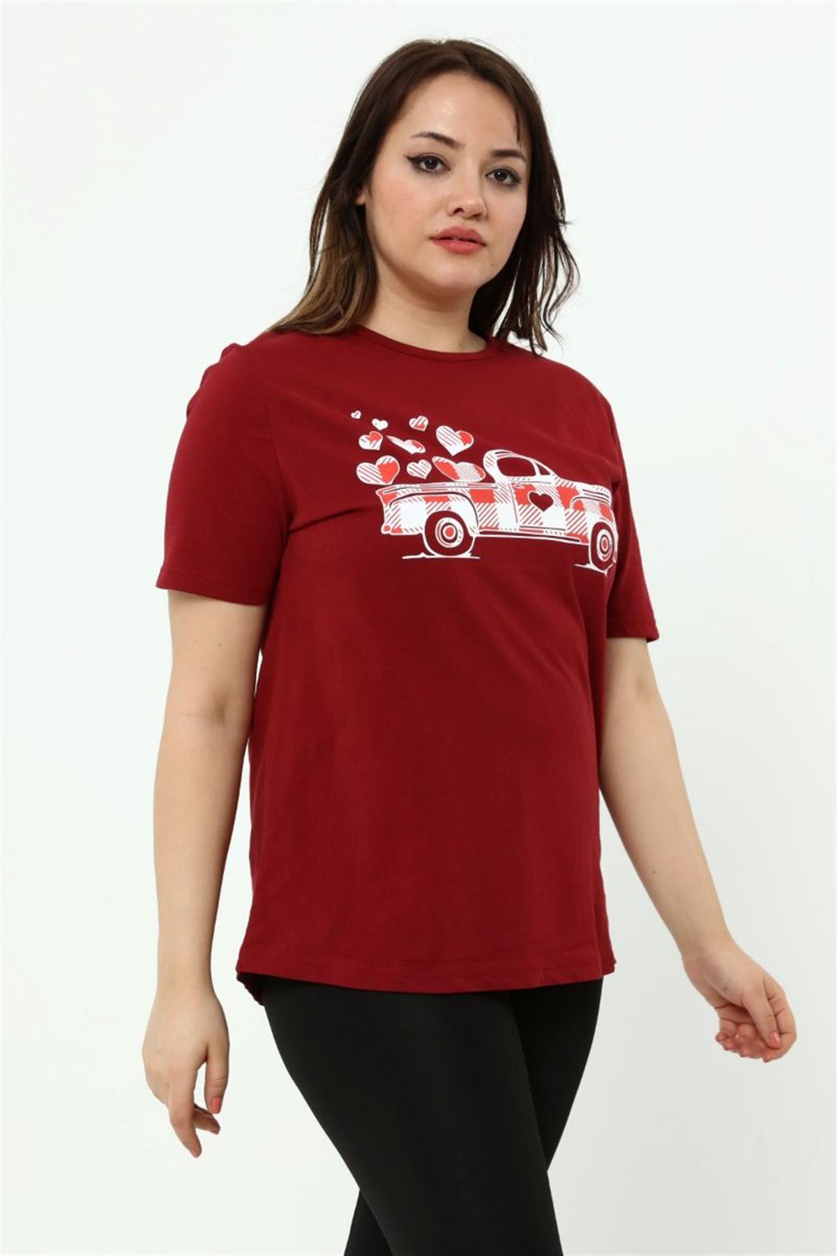Tshirt Büyük Beden Araba Baskılı T-Shirt Bordo