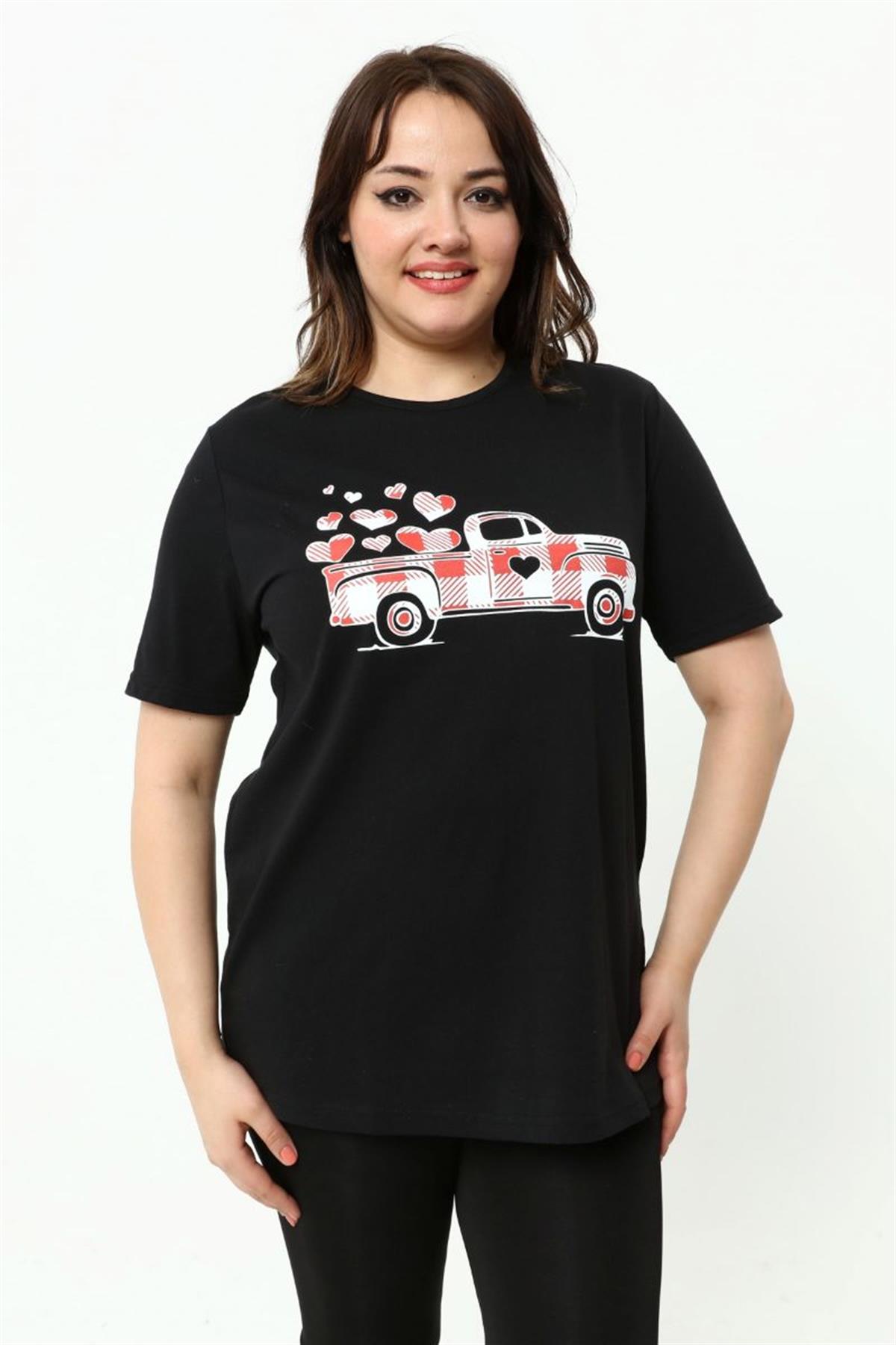 Tshirt Büyük Beden Araba Baskılı T-Shirt Siyah