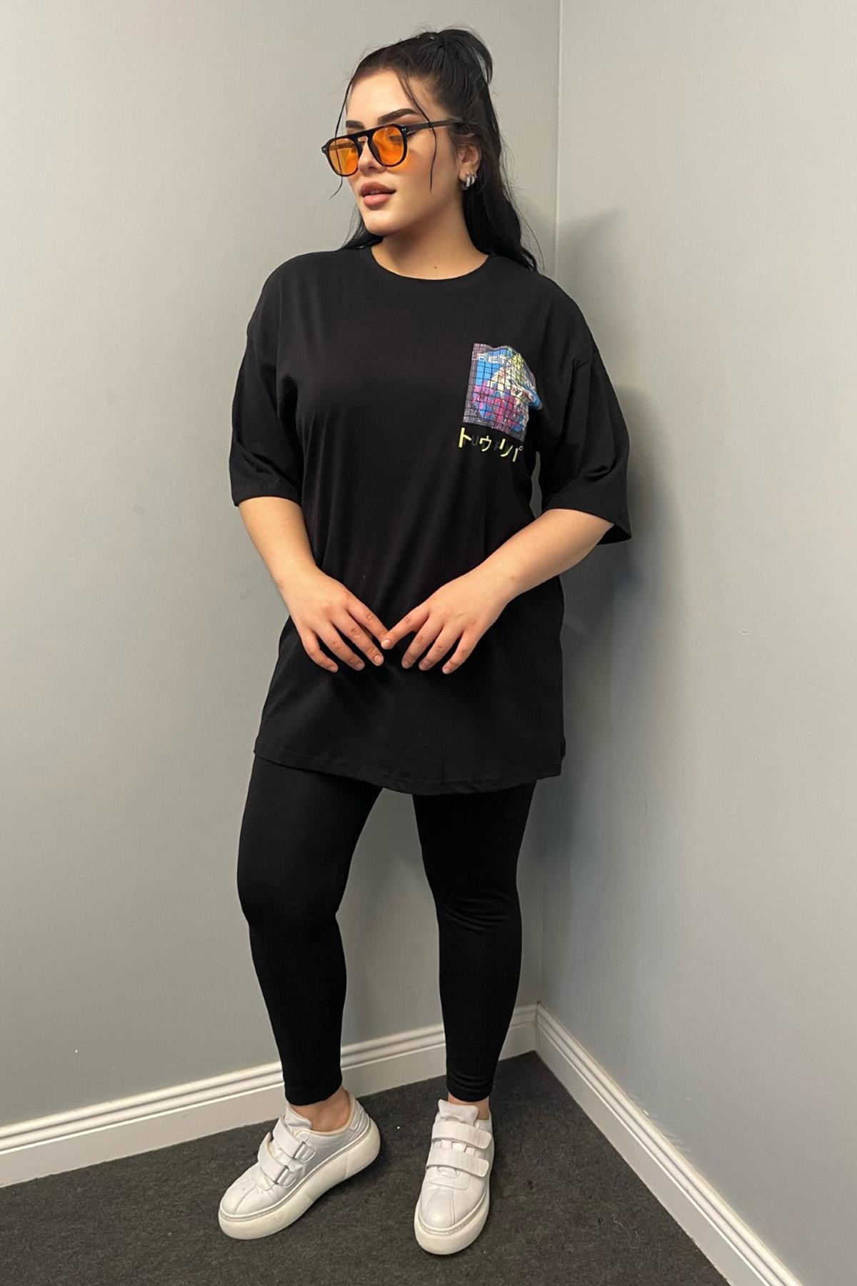 Tshirt Büyük Beden Arkası Baskılı Pamuklu Likralı Spor Tshirt Siyah