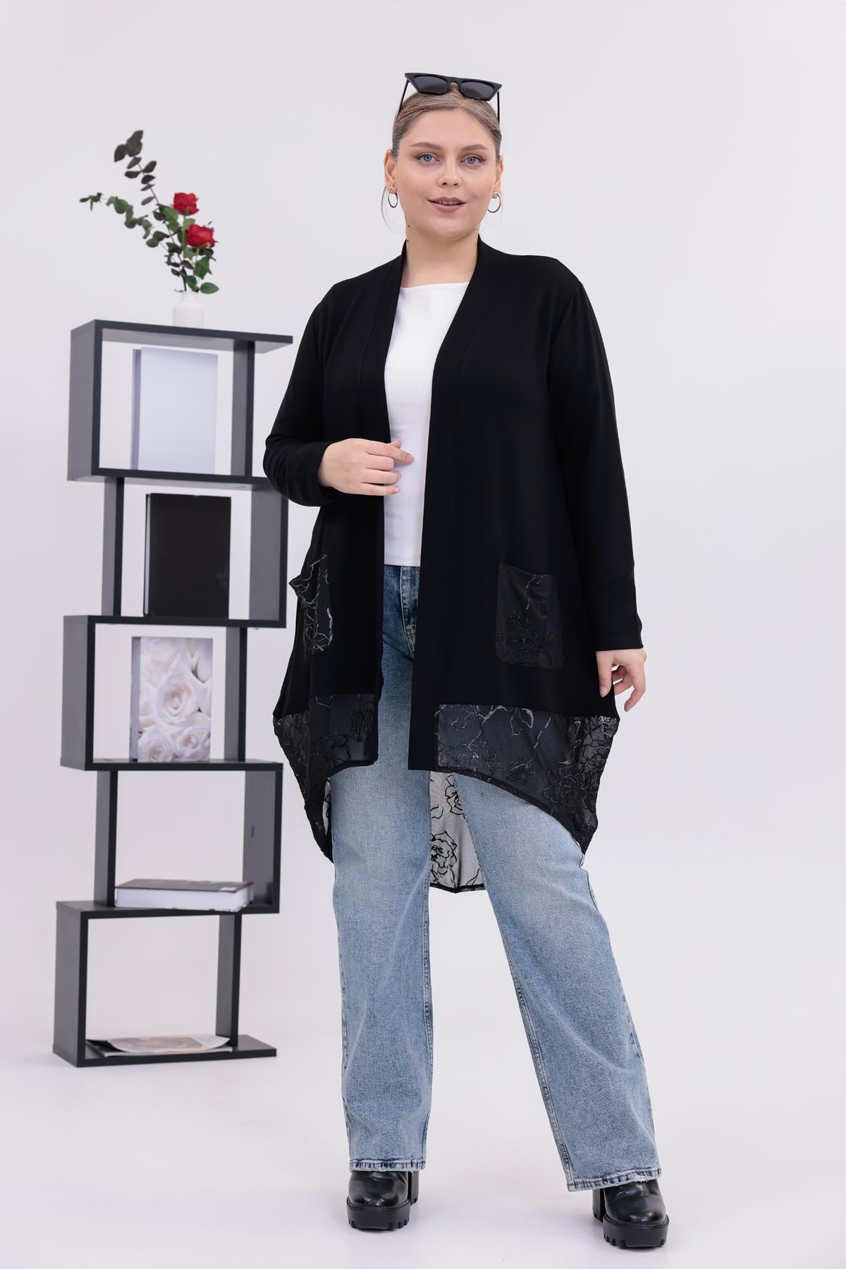 Büyük Beden Arkası Tül Detaylı Hırka