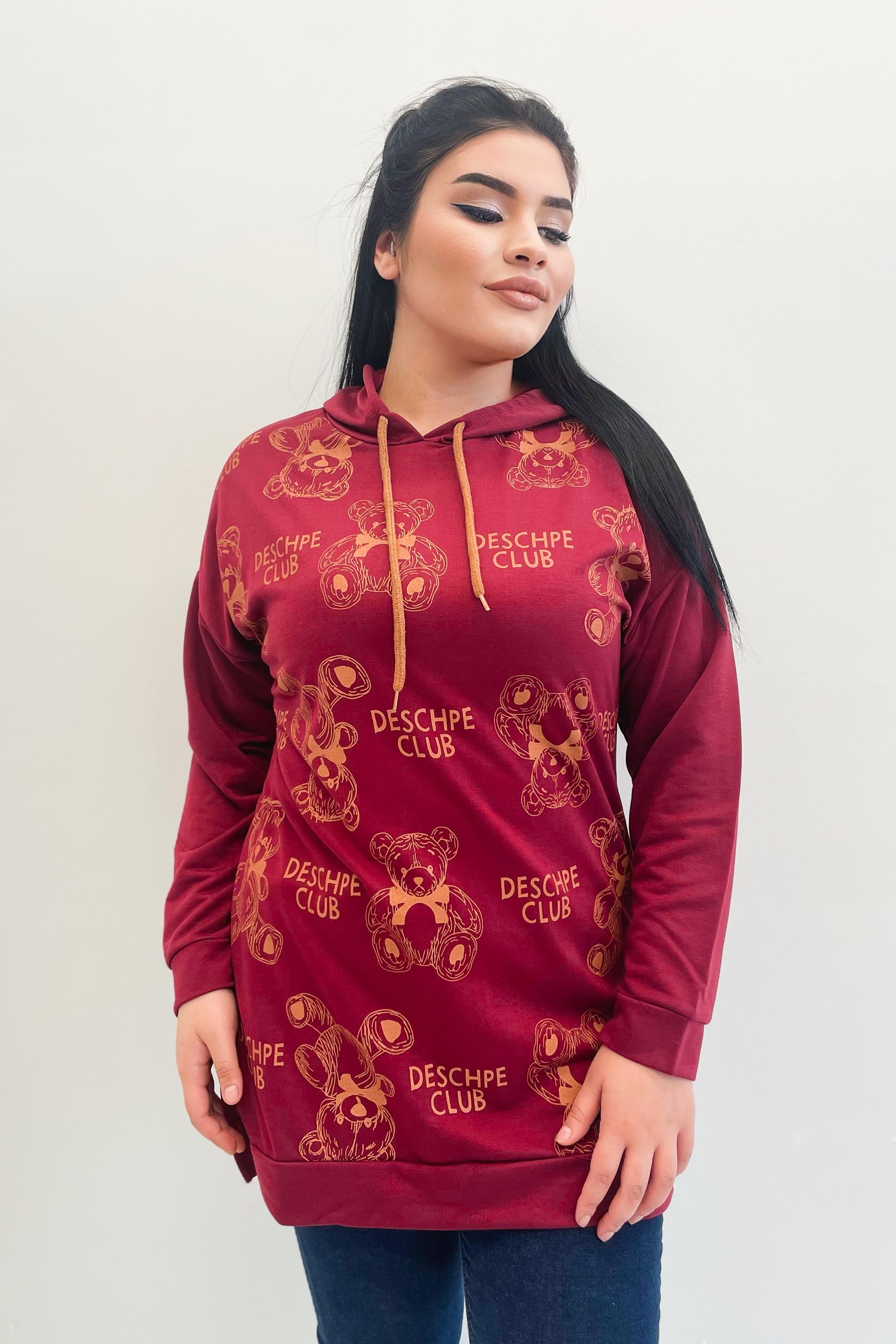 Sweatshirt Büyük Beden Ayıcık Baskılı Kapüşonlu Sweatshirt Bordo
