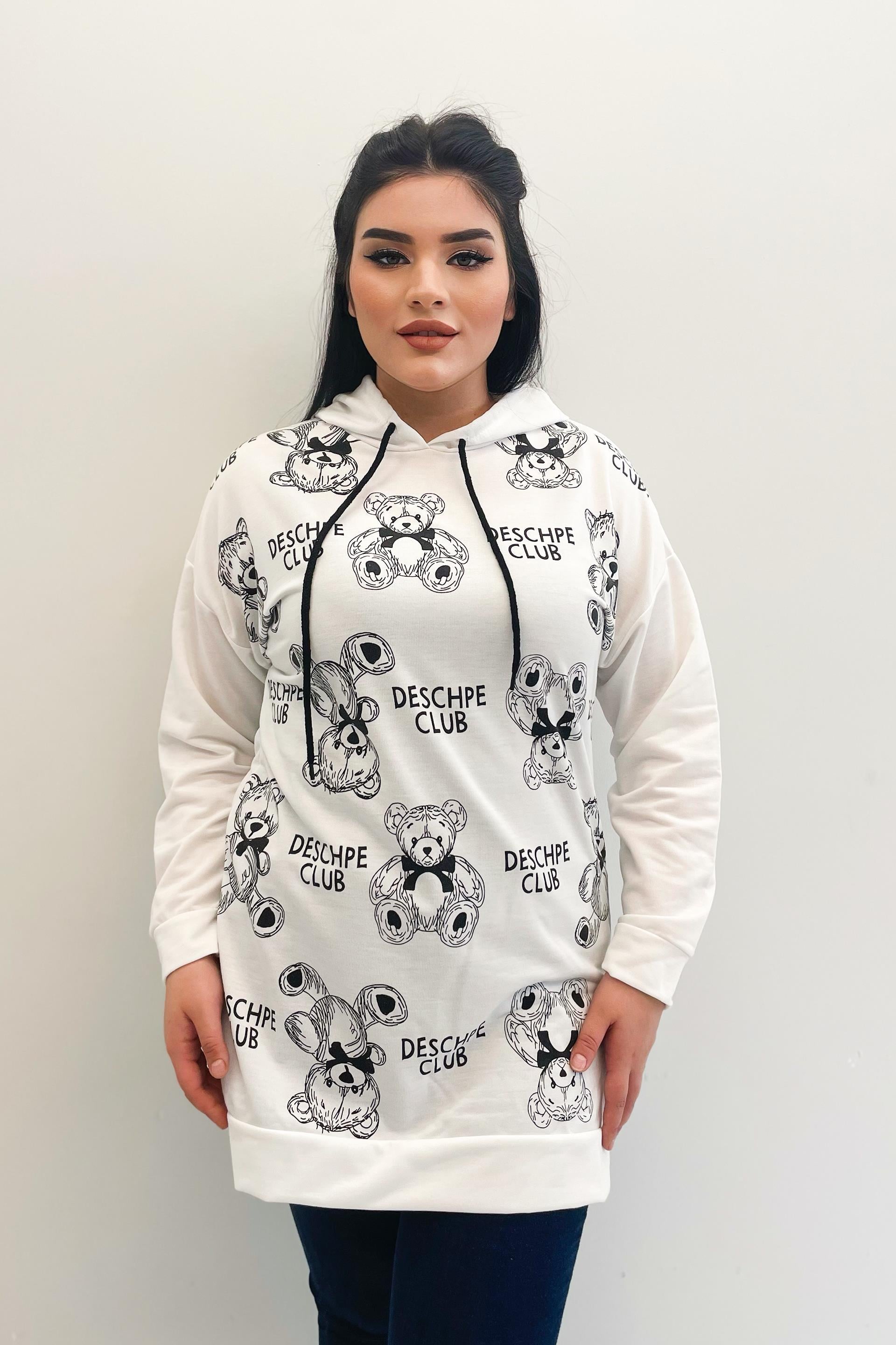 Sweatshirt Büyük Beden Ayıcık Baskılı Kapüşonlu Sweatshirt Ekru