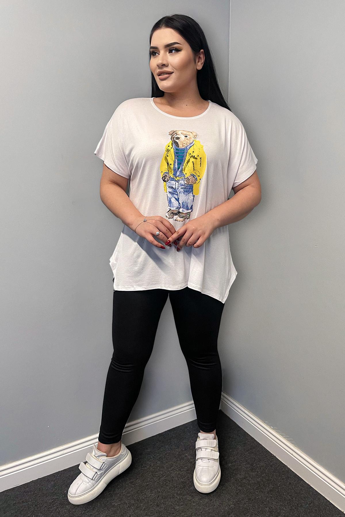 Tshirt Büyük Beden Ayıcık Baskılı Salaş T-Shirt Beyaz