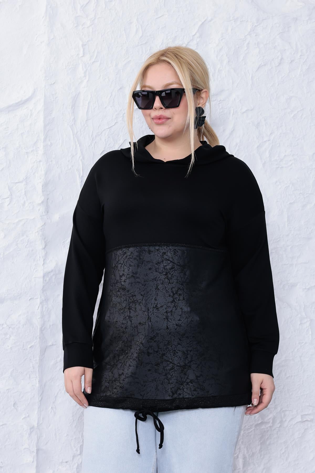 Büyük Beden Bağcık Detaylı Deri Detaylı Sweatshirtz