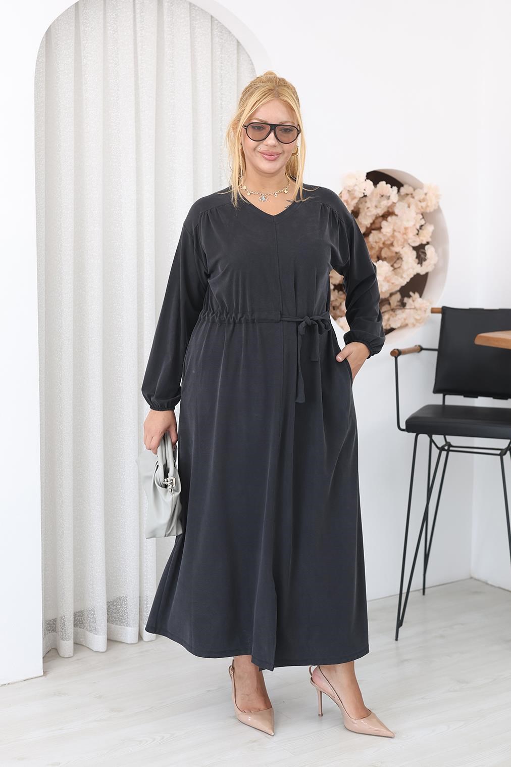 Büyük Beden Bağlama Detaylı Tencel Modal Kumaş Elbise