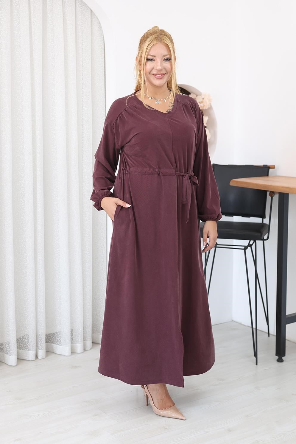 Büyük Beden Bağlama Detaylı Tencel Modal Kumaş Elbise