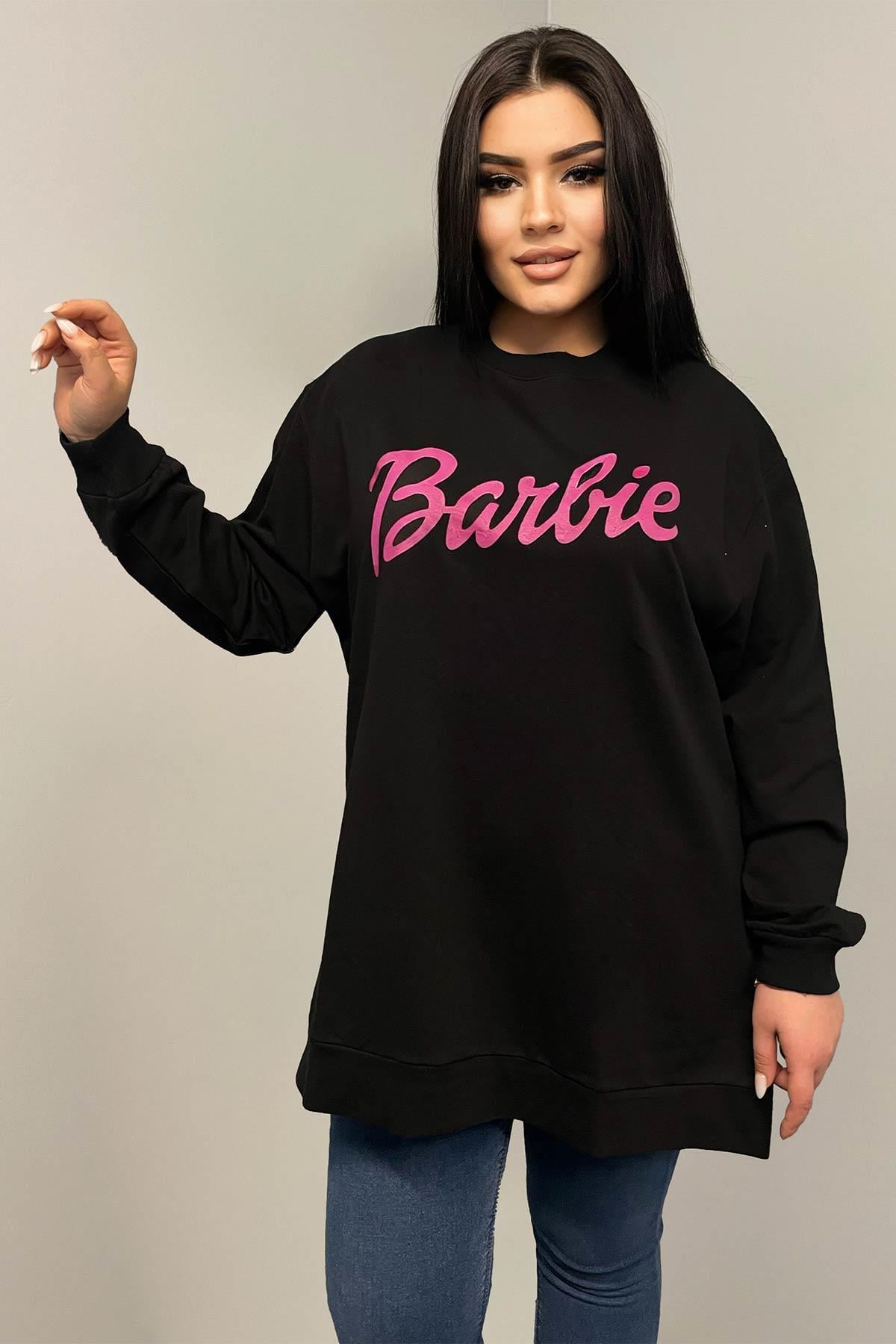 Sweatshirt Büyük Beden Barbie Baskılı Oversize Sweatshirt Siyah