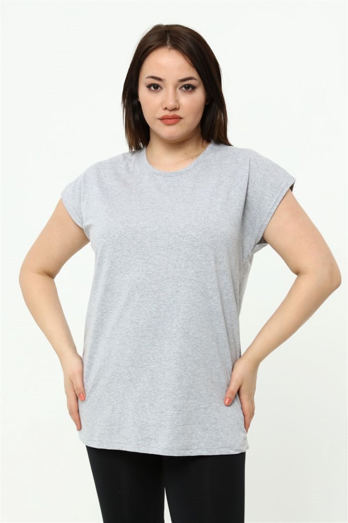 Tshirt Büyük Beden Basic Yarasa Kol T-Shirt Gri