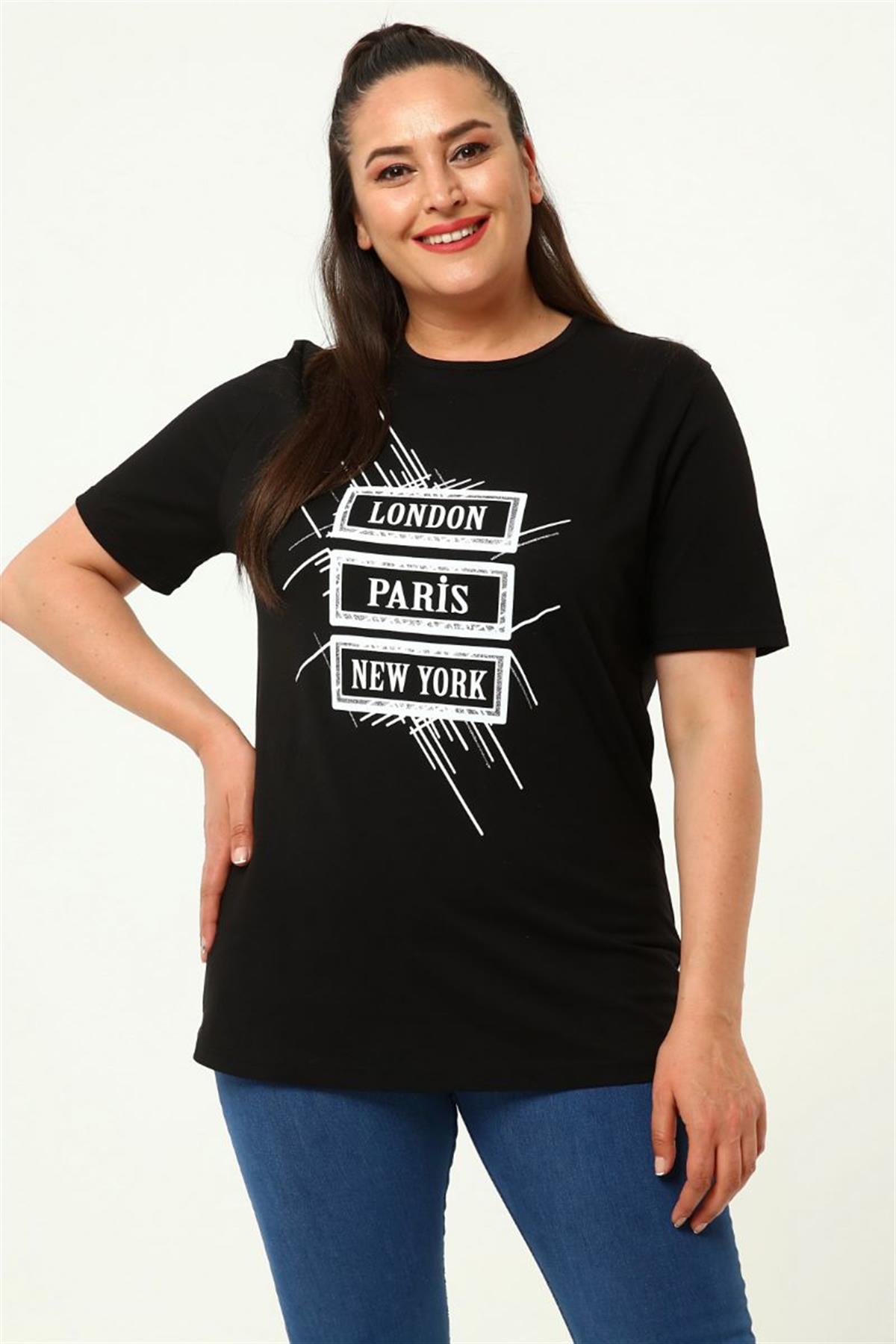 Tshirt Büyük Beden Baskılı Bisiklet Yaka T-Shirt Siyah