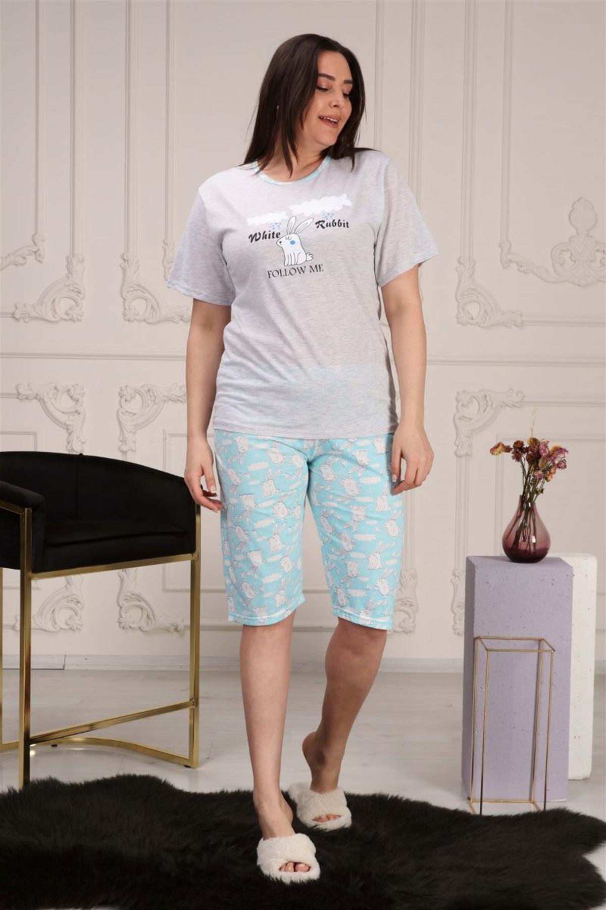 Pijama Takımı Büyük Beden Baskılı Kapri Şortlu Pijama Takımı Gri