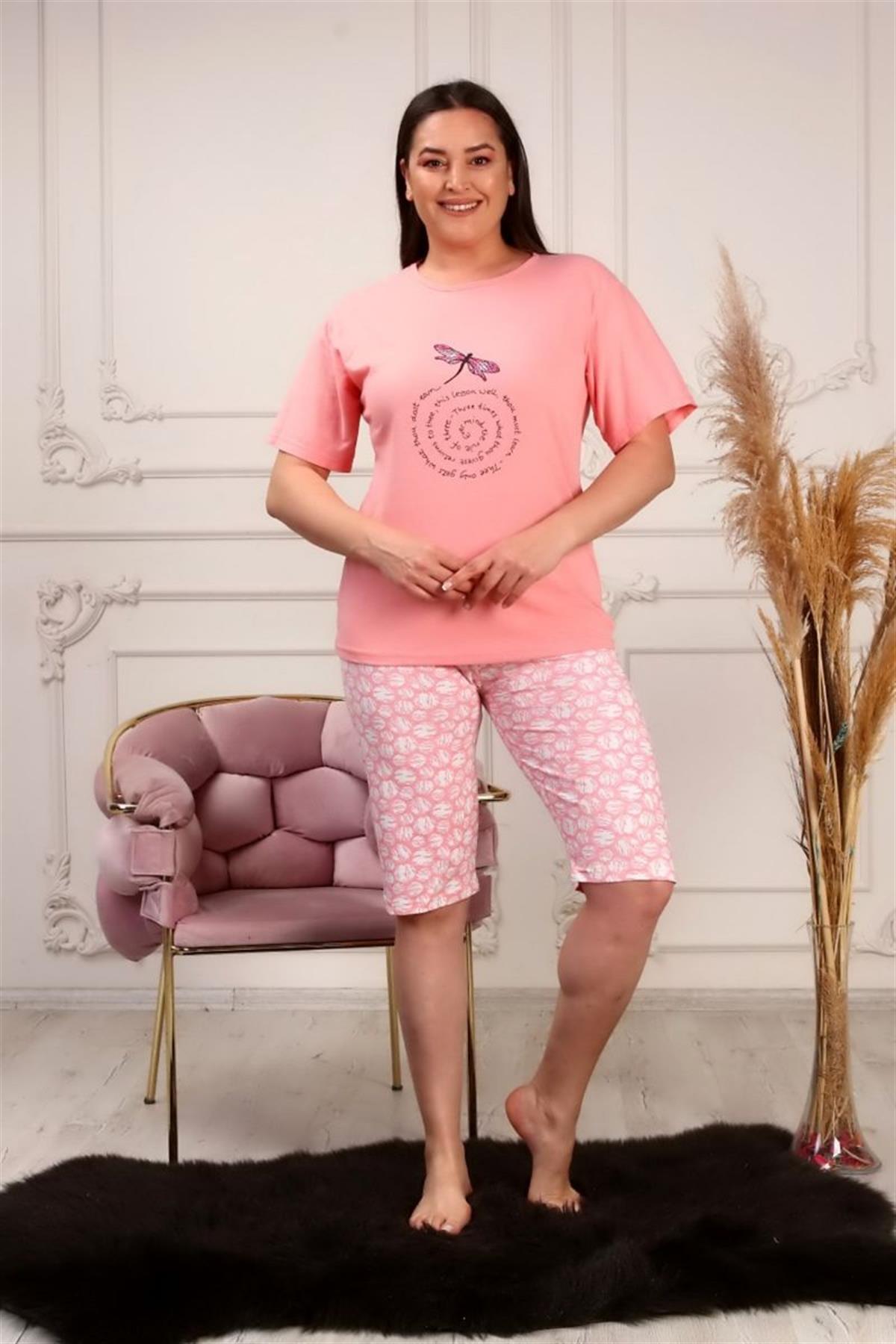 Pijama Takımı Büyük Beden Baskılı Kapri Şortlu Pijama Takımı Yavruağzı