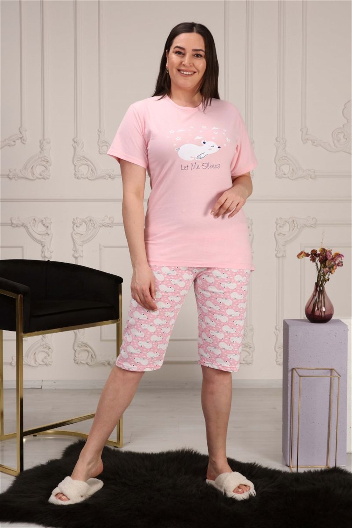 Pijama Takımı Büyük Beden Baskılı Kapri Şortlu Pijama Takımı Pembe