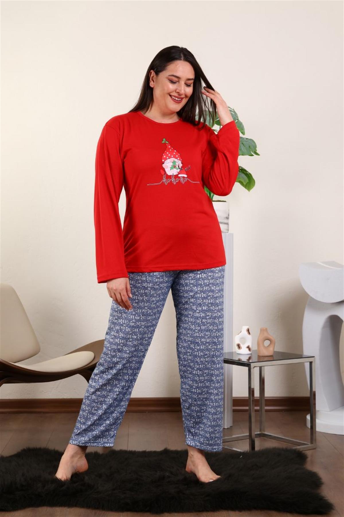 Pijama Takımı Büyük Beden Baskılı Pamuklu Pijama Takımı Kırmızı