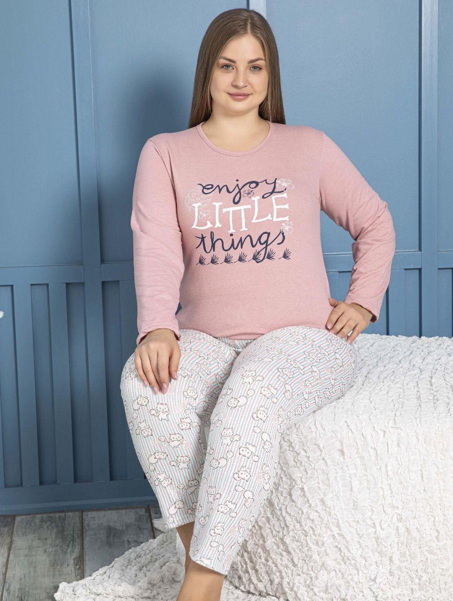 Pijama Takımı Büyük Beden Baskılı Şardonlu Pijama Takımı Gül Kurusu