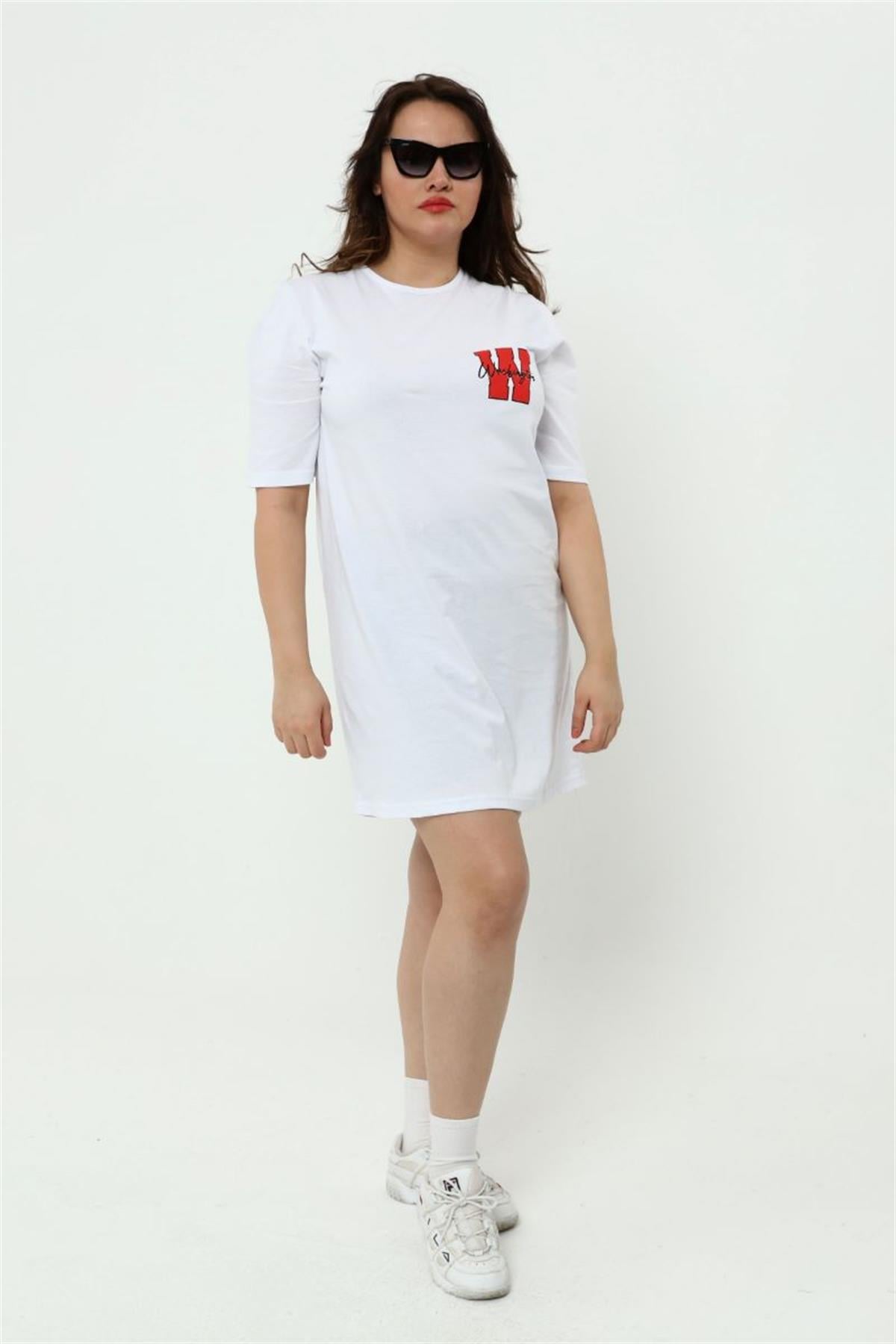 Tshirt Büyük Beden Baskılı Tunik T-Shirt Beyaz