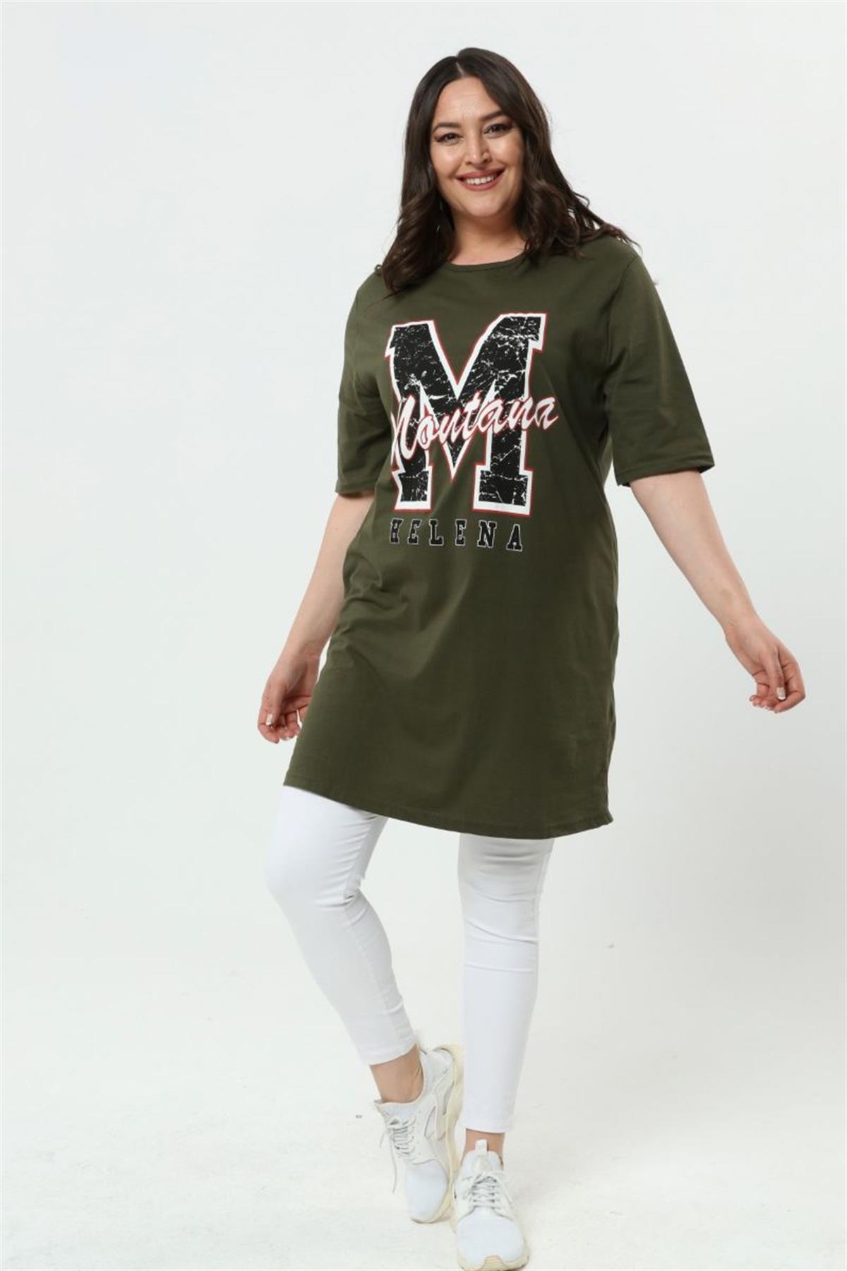 Tshirt Büyük Beden Baskılı Tunik T-Shirt Haki