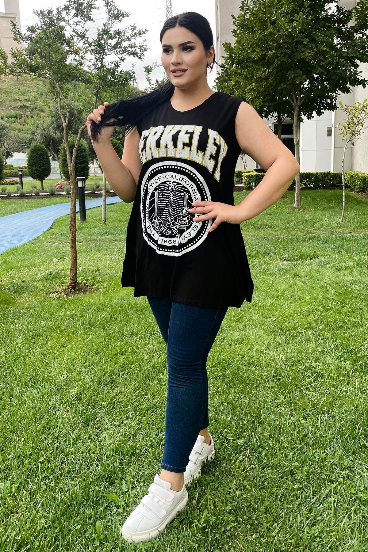 Tshirt Büyük Beden Berkeley Baskılı Genç Stil Kolsuz T-Shirt Siyah