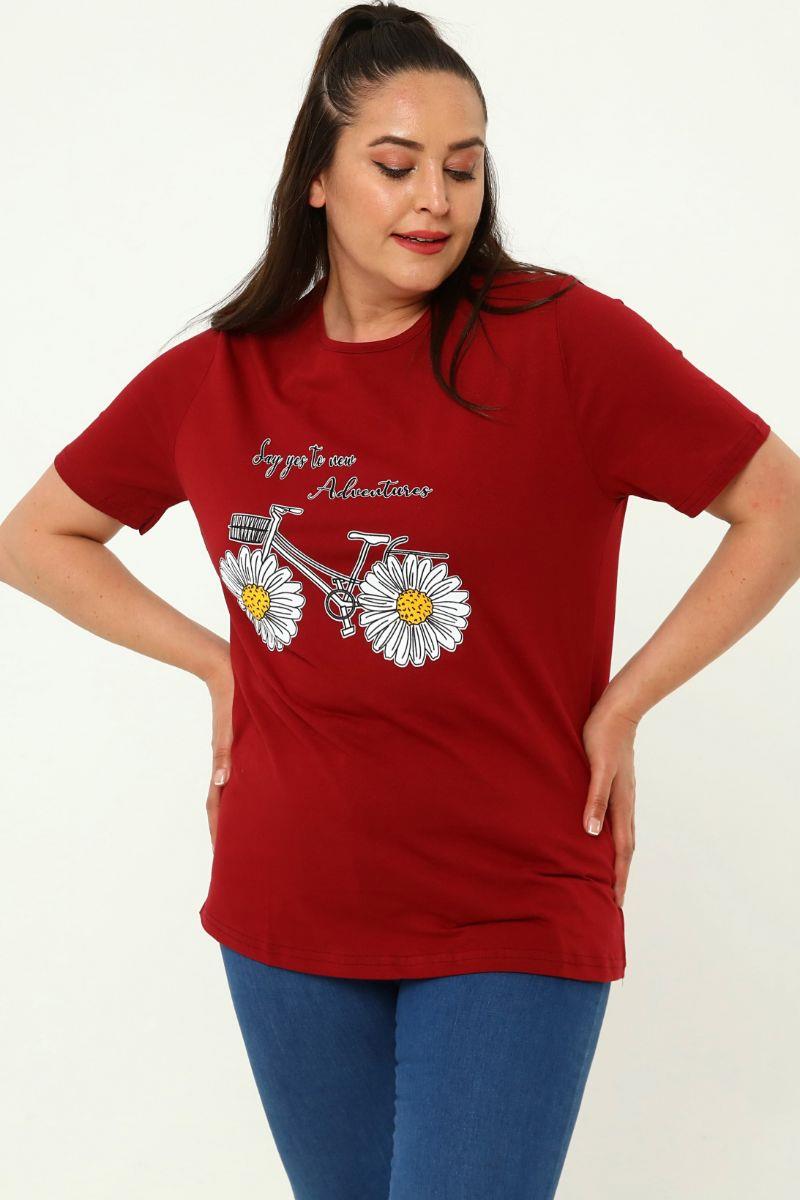 Tshirt Büyük Beden Bisiklet Baskılı T-Shirt Bordo