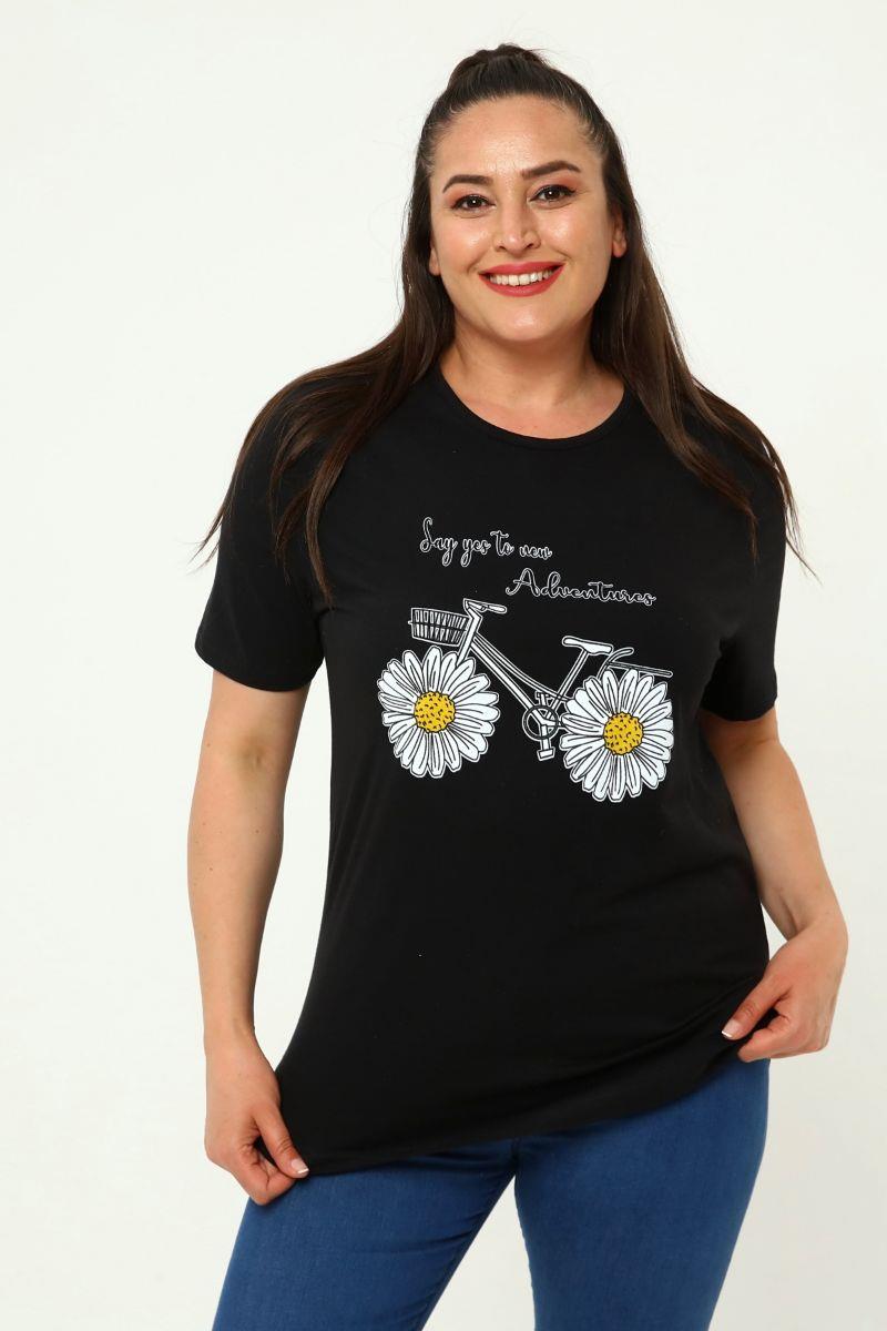Tshirt Büyük Beden Bisiklet Baskılı T-Shirt Siyah