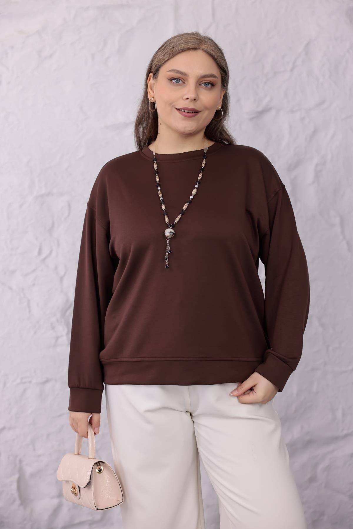Büyük Beden Bisiklet Yaka Basıc Sweatshirt