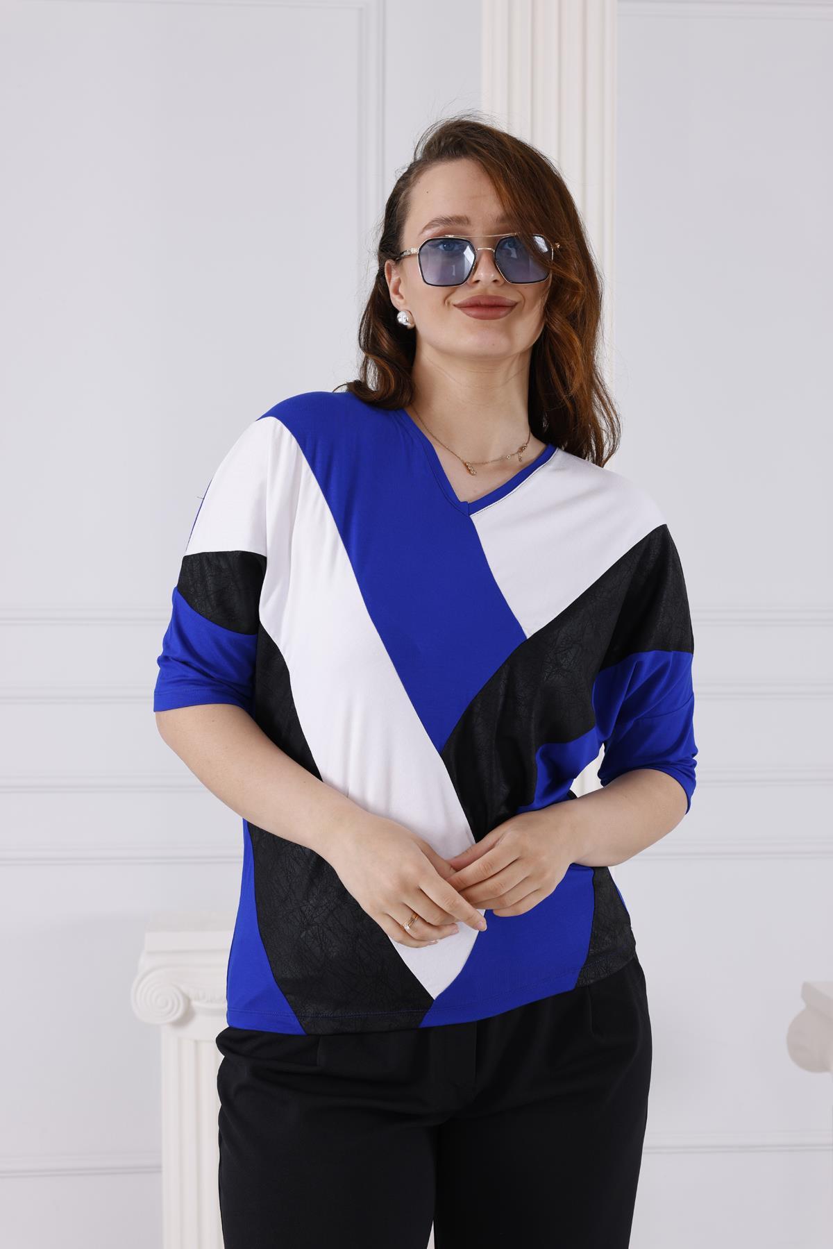 Büyük Beden Blok Geçişli Oversize Bluz