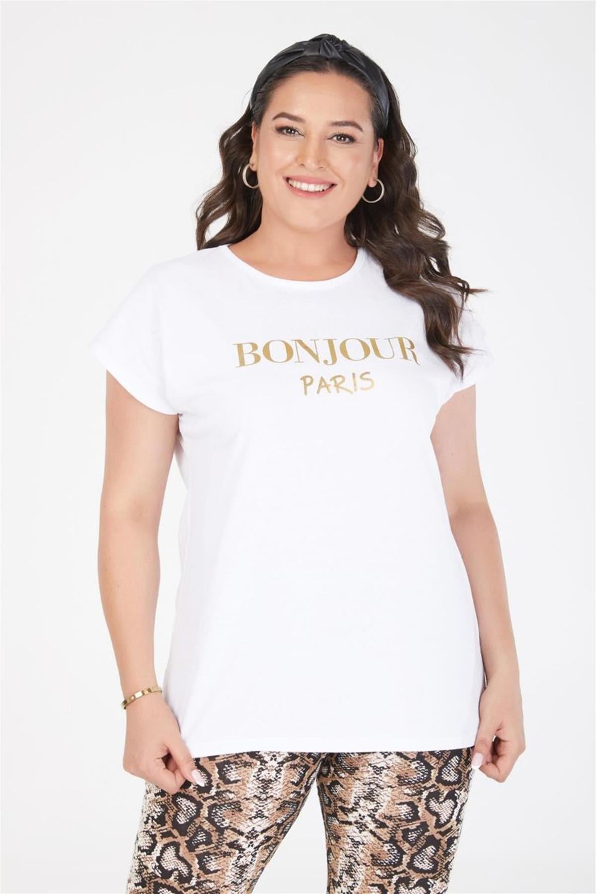 Tshirt Büyük Beden Bonjour Baskılı Yarasa Kol T-Shirt Beyaz