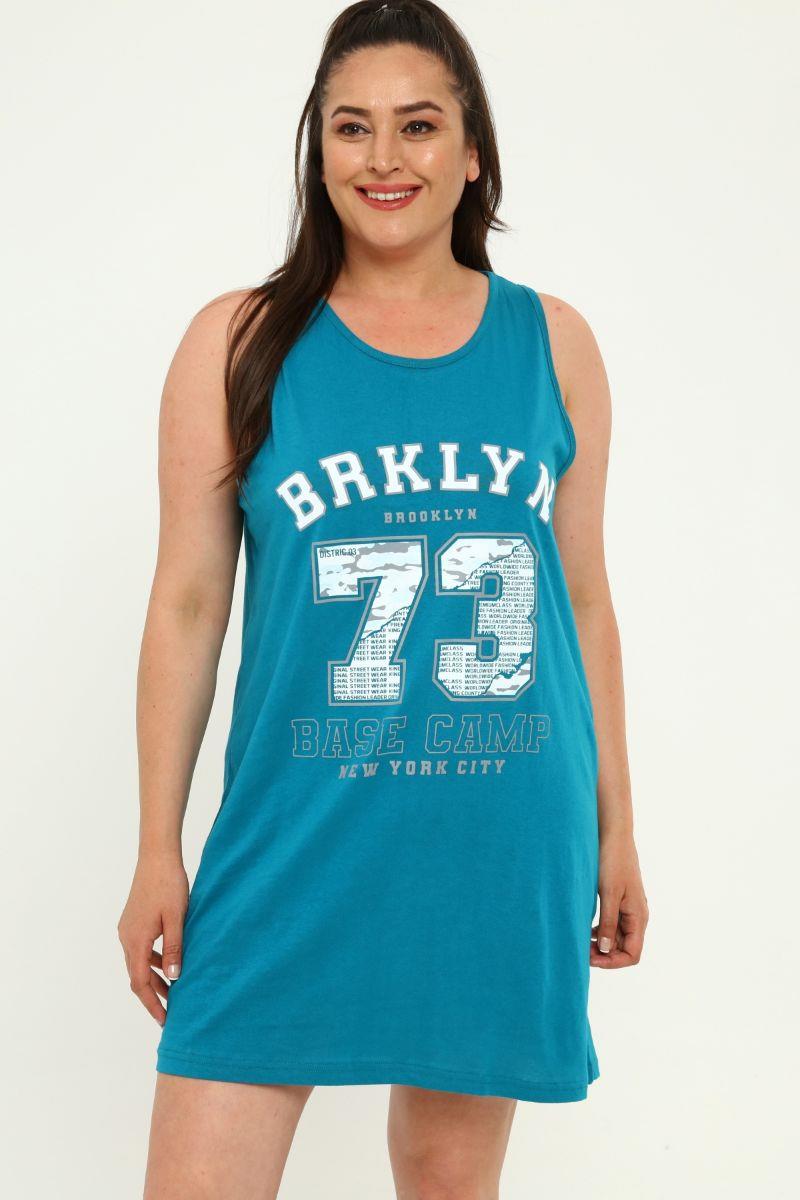 Tshirt Büyük Beden Brklyn Baskılı Kolsuz Tunik T-Shirt Petrol Mavisi