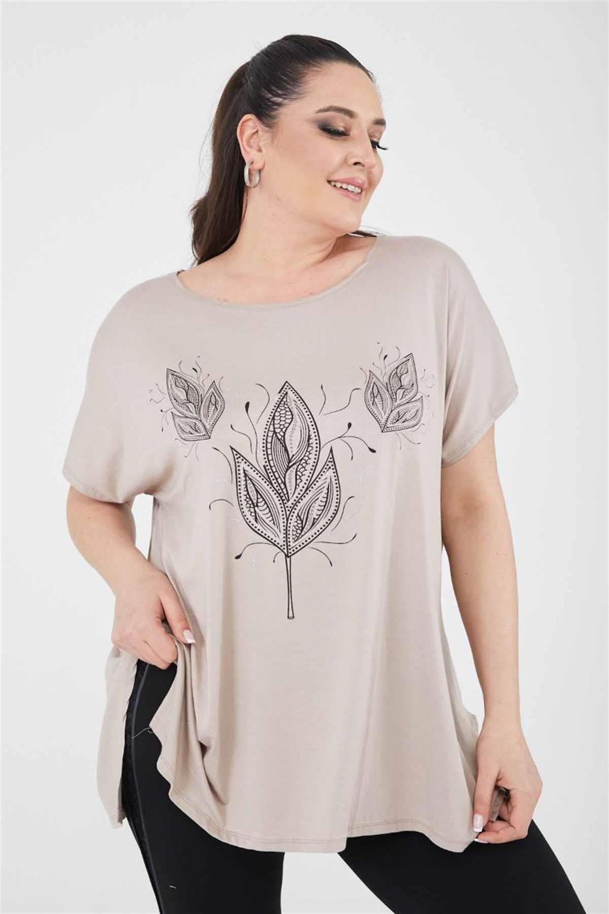 Tshirt Büyük Beden Buğday Baskılı Oversize Pamuklu Likralı T-Shirt Bej