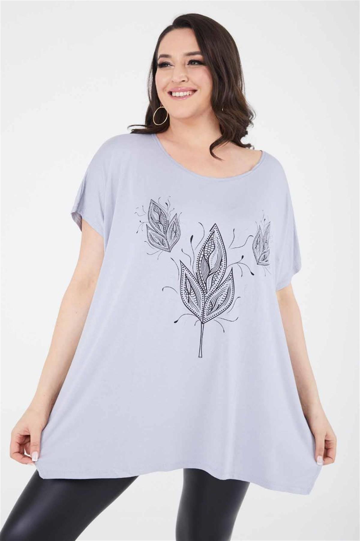 Tshirt Büyük Beden Buğday Baskılı Oversize Pamuklu Likralı T-Shirt Gri
